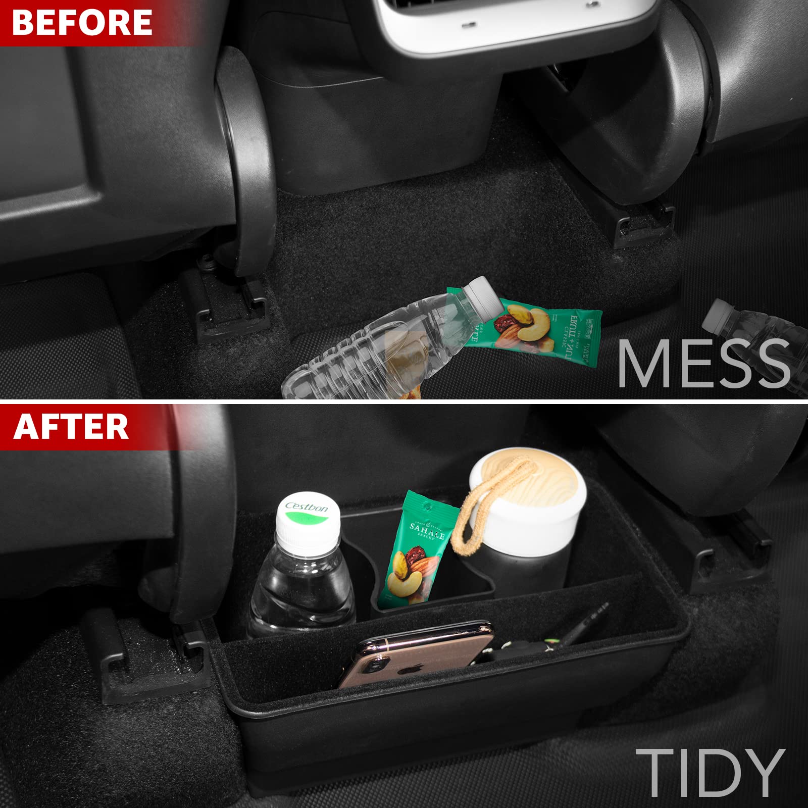 Tesla Model Y Rear Center Console Organizer ABS Flocking Backseat