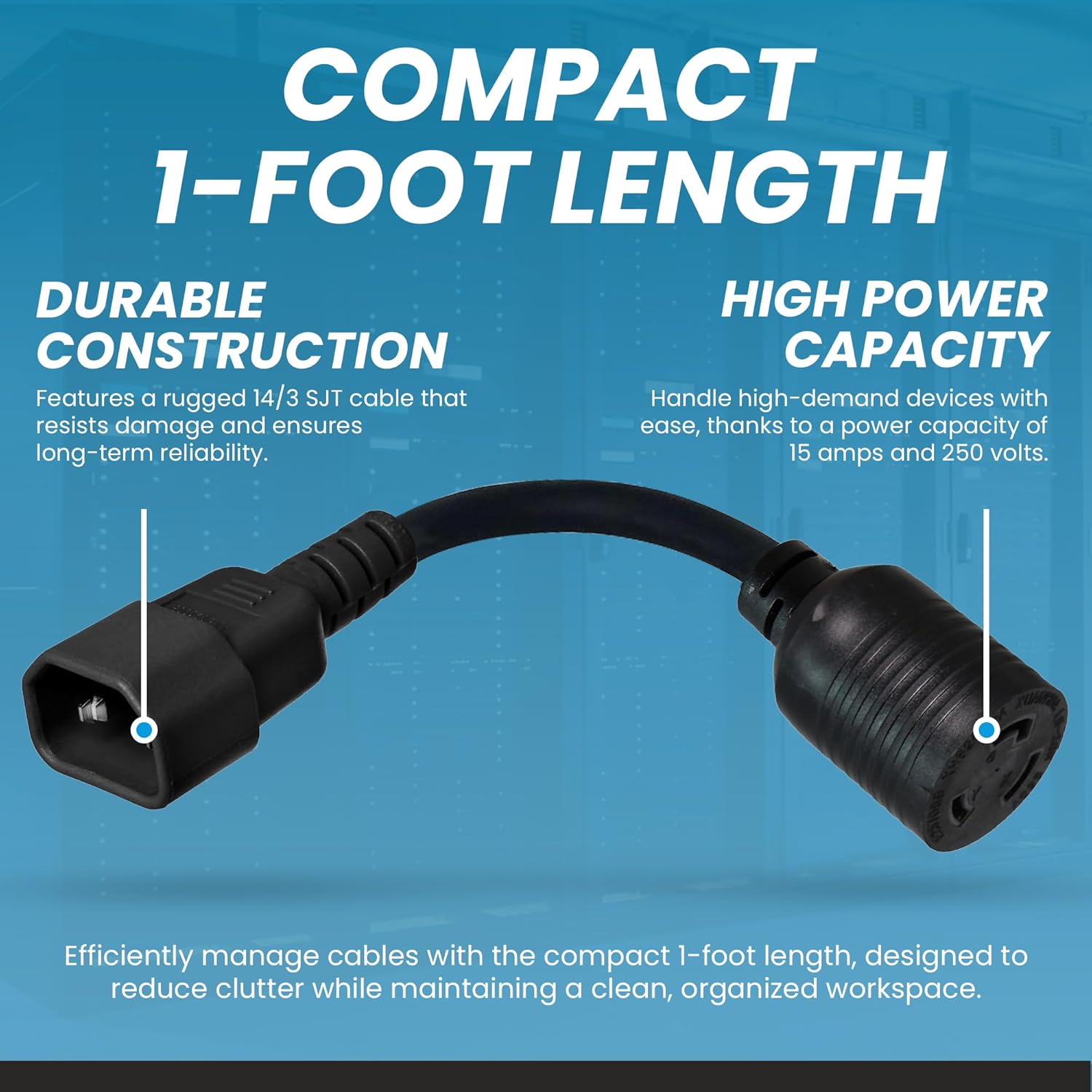 IronBox Electric IEC C14 to L6-20R Plug Adapter Power Cord - 15A, 250V, 14/3 SJT - UL Listed Extension Cord - Heavy Duty Power Cable for Computer, Data Centers, Generator, Speaker & More (1ft, Molded)