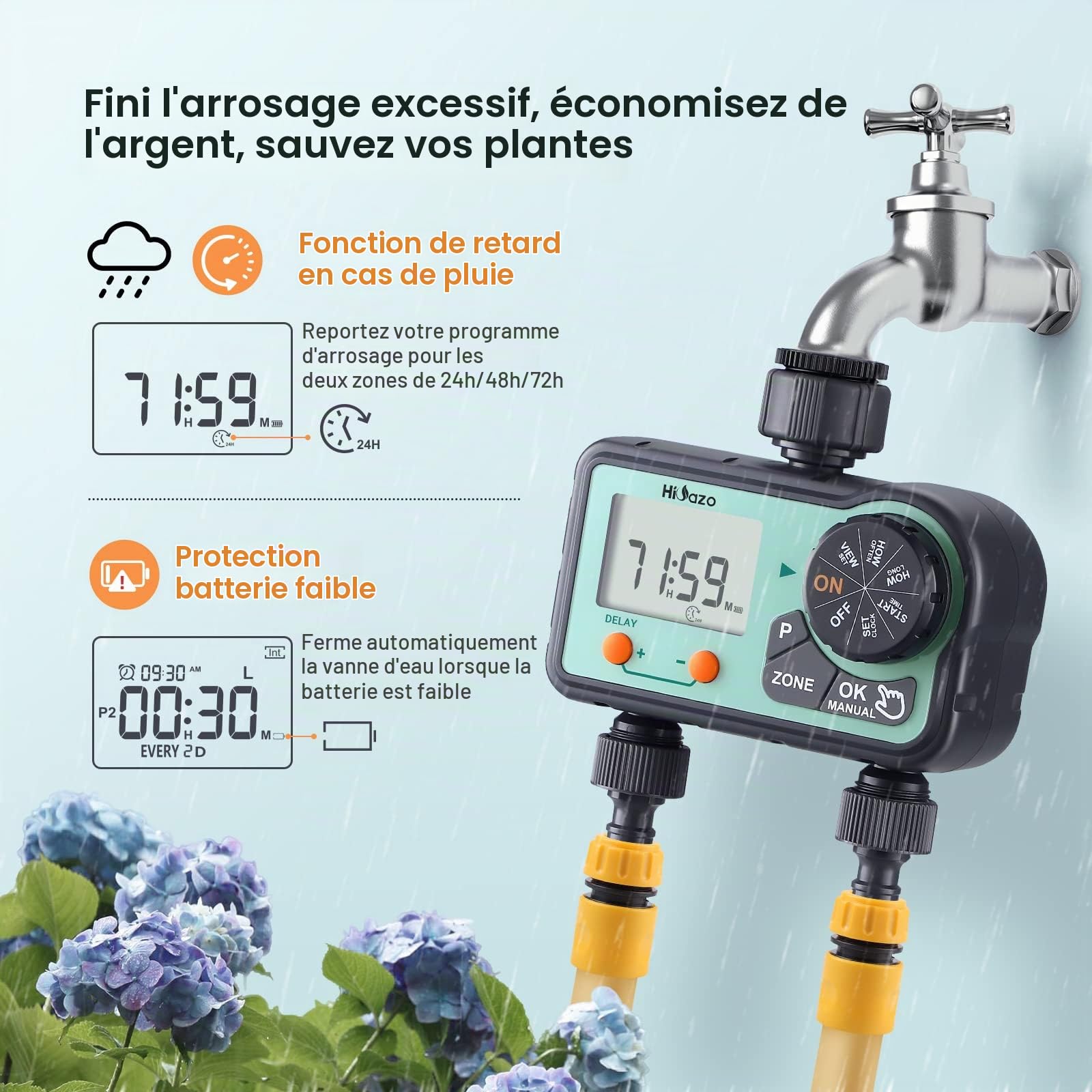 Programmateur Arrosage Automatique, 2 Sorties 6 programmes d'arrosage par Jour, arrosage Automatique et Rapide, Prend en Charge Le Mode Manuel/Retard de Pluie/Protection de Batterie Faible
