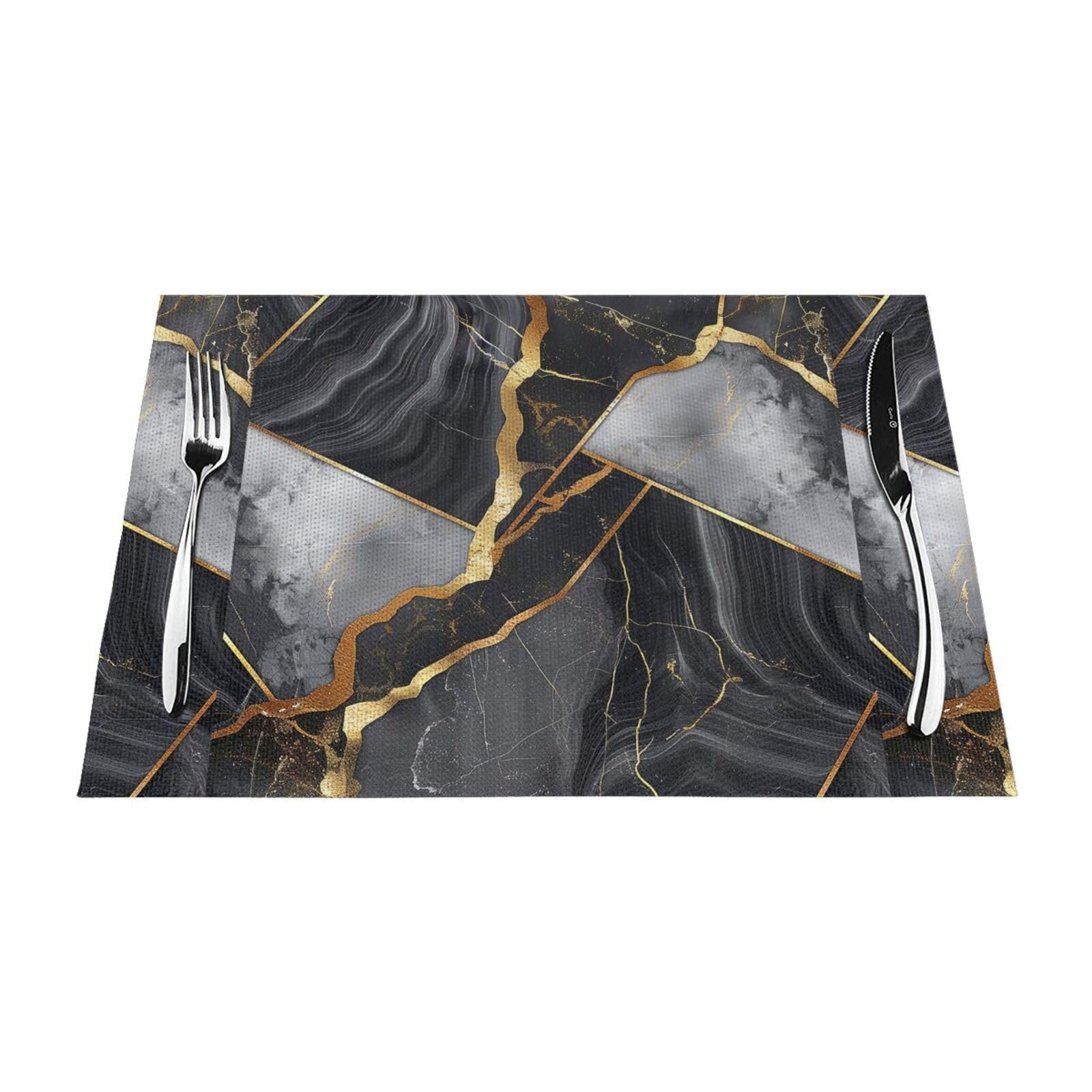 Heat Resistant Placemats Set of 6 PCS, black marble texture gold Printing Non-Slip PVC Table Place Mat 45x30 CM for Dining Table Decorative