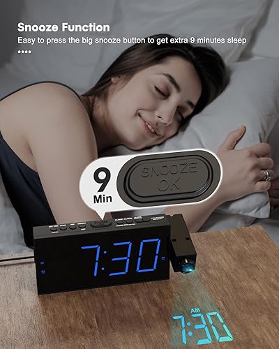 Miniatura 7 de OnLyee Reloj despertador de proyección para dormitorio, LED digital en techo y pared con carga USB para teléfono, respaldo de batería, proyector