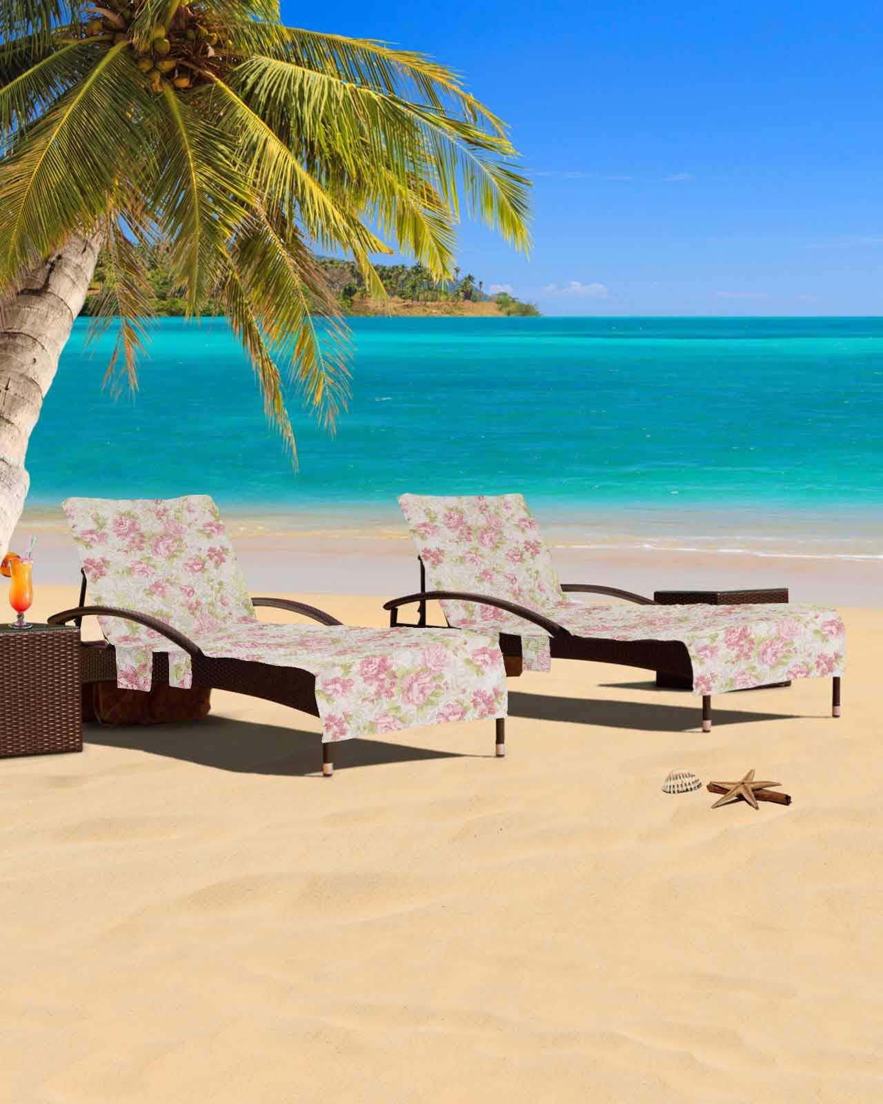 Pink Flower Beach Chair Cover with Side Pockets, Microfiber & Quick Dry Pool Chaise Lounge Chair Towels Covers for Sun Sunbathing Patio Garden Hotel, Sage Green Pastoral Country European Leaves