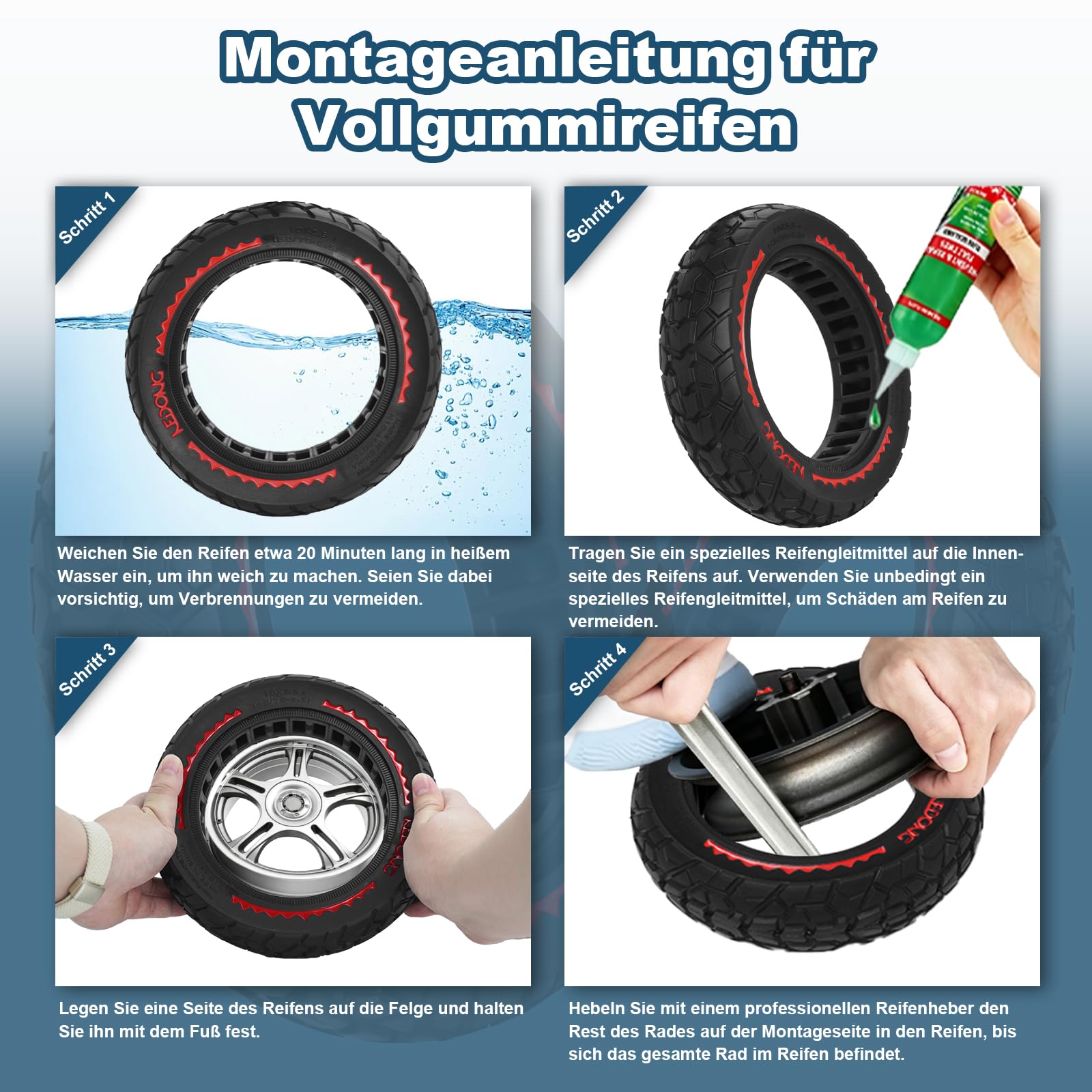 Pneu solide 60/70-6,5 10 x 2,50 en caoutchouc pour scooter Ninebot Max G30/G30 D2/F2 Pro D/Xiaomi 5/5 Pro/5 Max E Scooter 10" Anti-crevaison Antidérapant Résistant à l'usure (rouge)