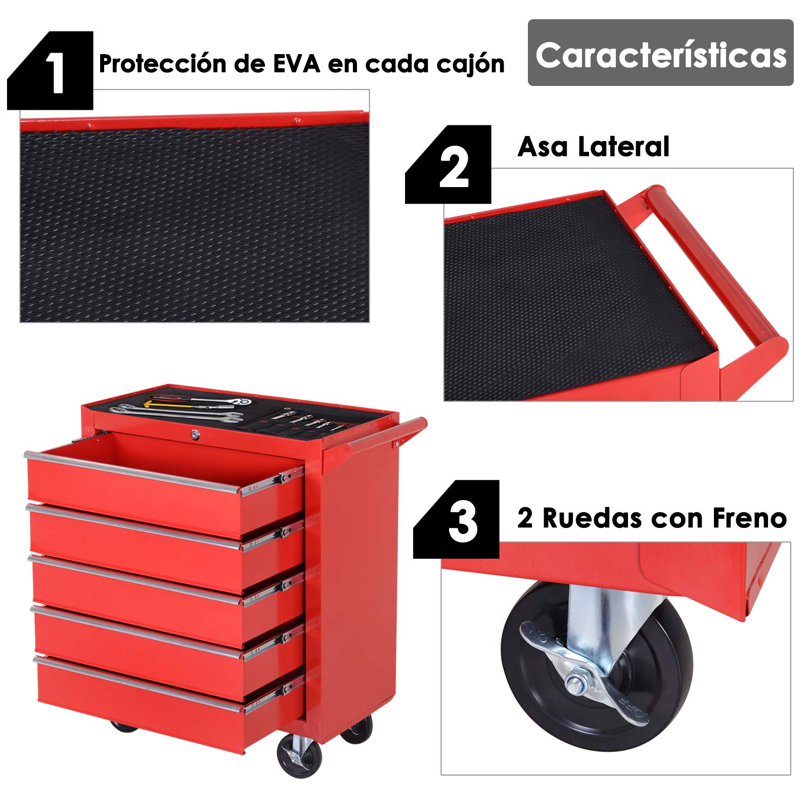 DURHAND Caja Taller Carro de Herramientas con Ruedas Cerradura Tipo Mueble de Almacenamiento para Taller Garaje y Hogar Chapa de Acero 69x33x75cm Rojo