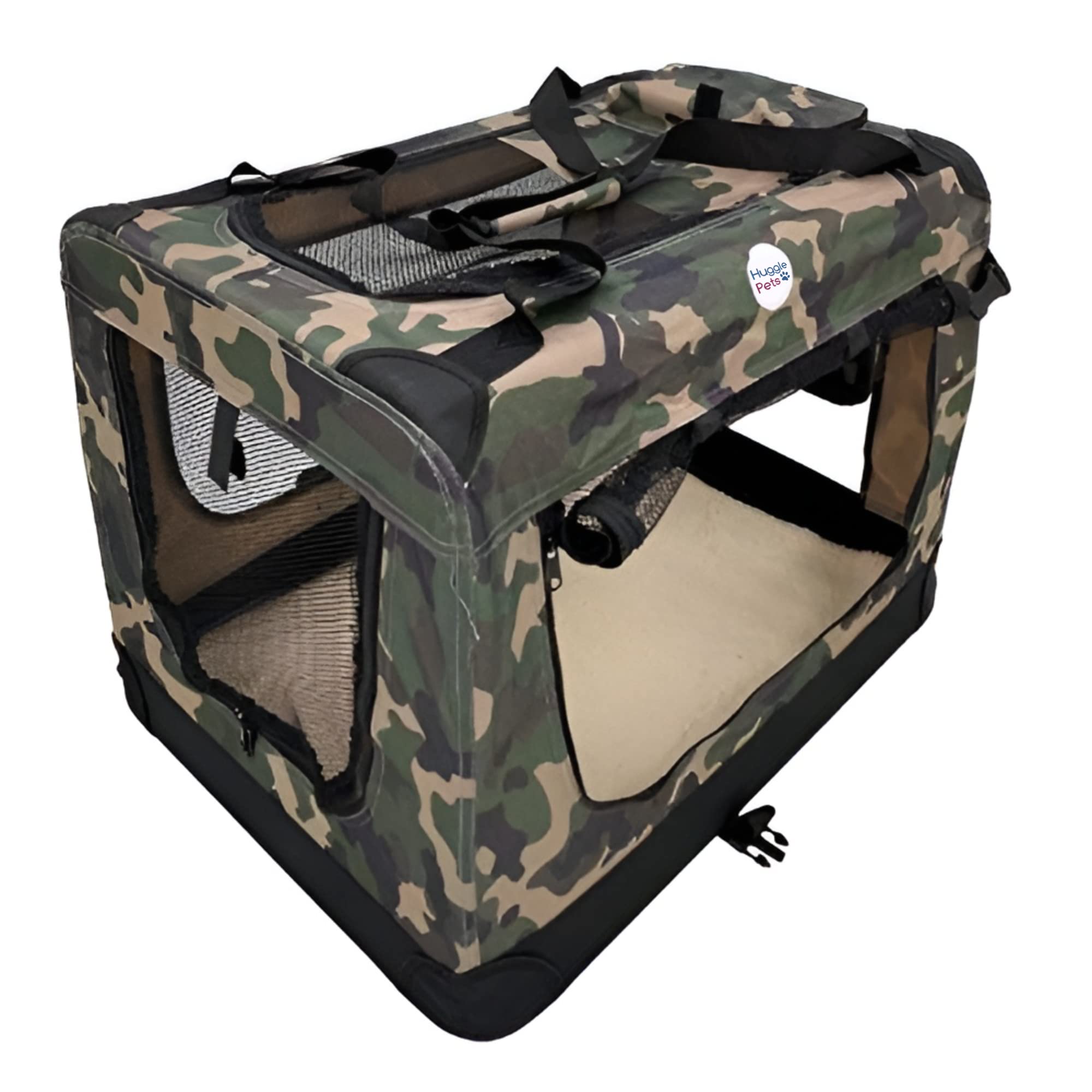 HugglePets Green Camo Fabric Dog Crate Carrier Medium 60cm, Foldable with Fleece Mat
