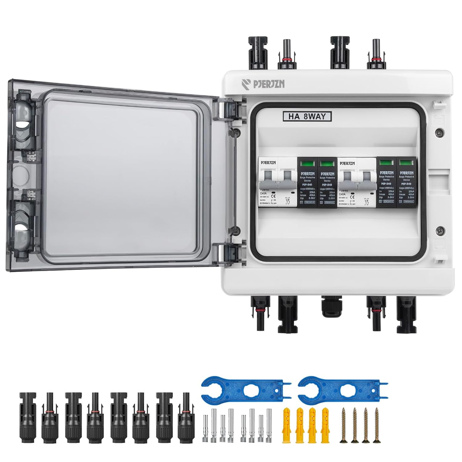Solar Combiner Box (1 in 1 Out/2 in 2 Out/3 in 3 Out/4 in 4 Out) PV Combiner Box with 1000V DC 40A MCB & 20-40KA SPD Power Distribution Box (2String 2in2out)