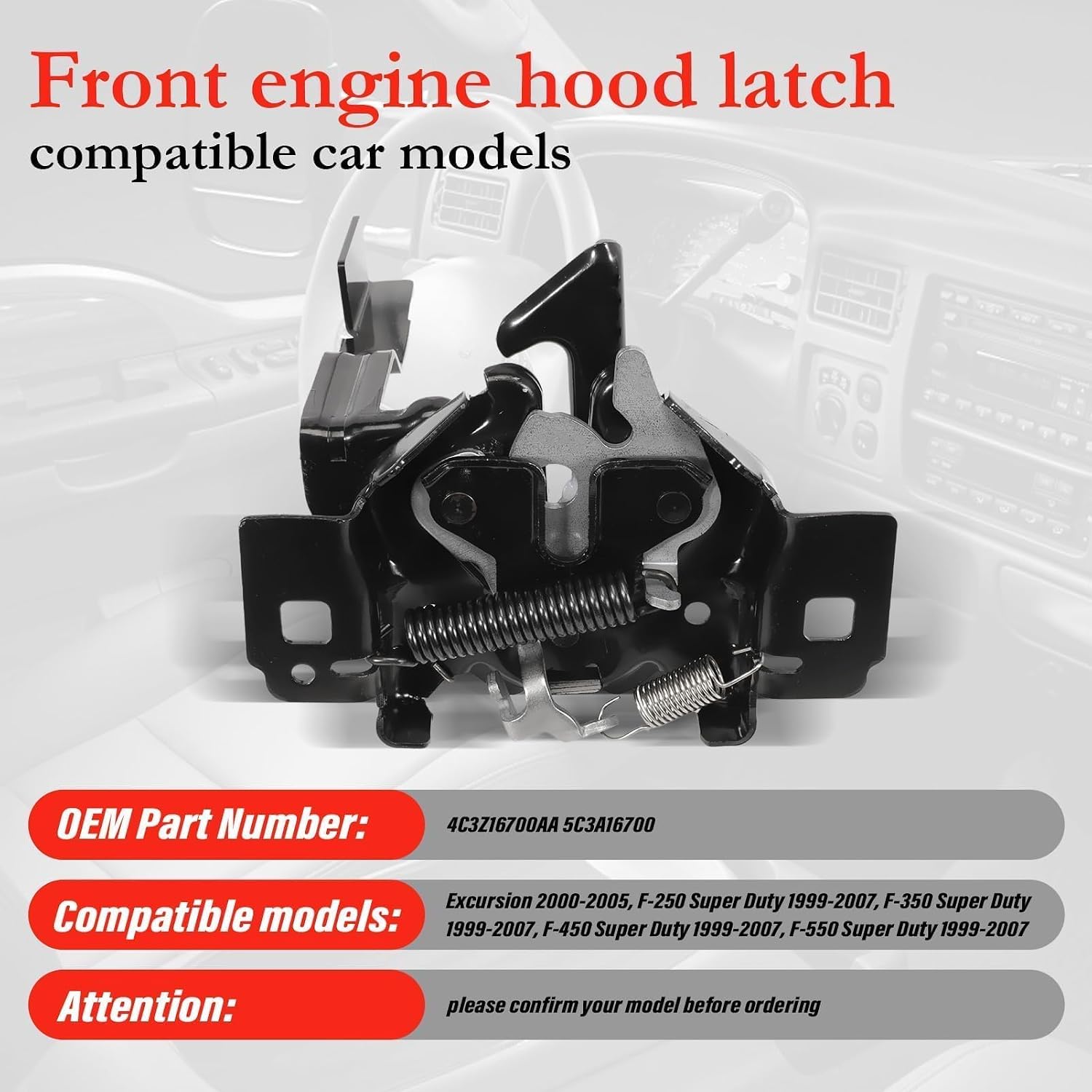 Hood Latch Lock Assembly fits Excursion 2000-2005, F-250 F-350 F-450 F-550 Super Duty 1999-2007 Replace 4C3Z16700AA, 5C3A16700AA, 3C3Z16700AA