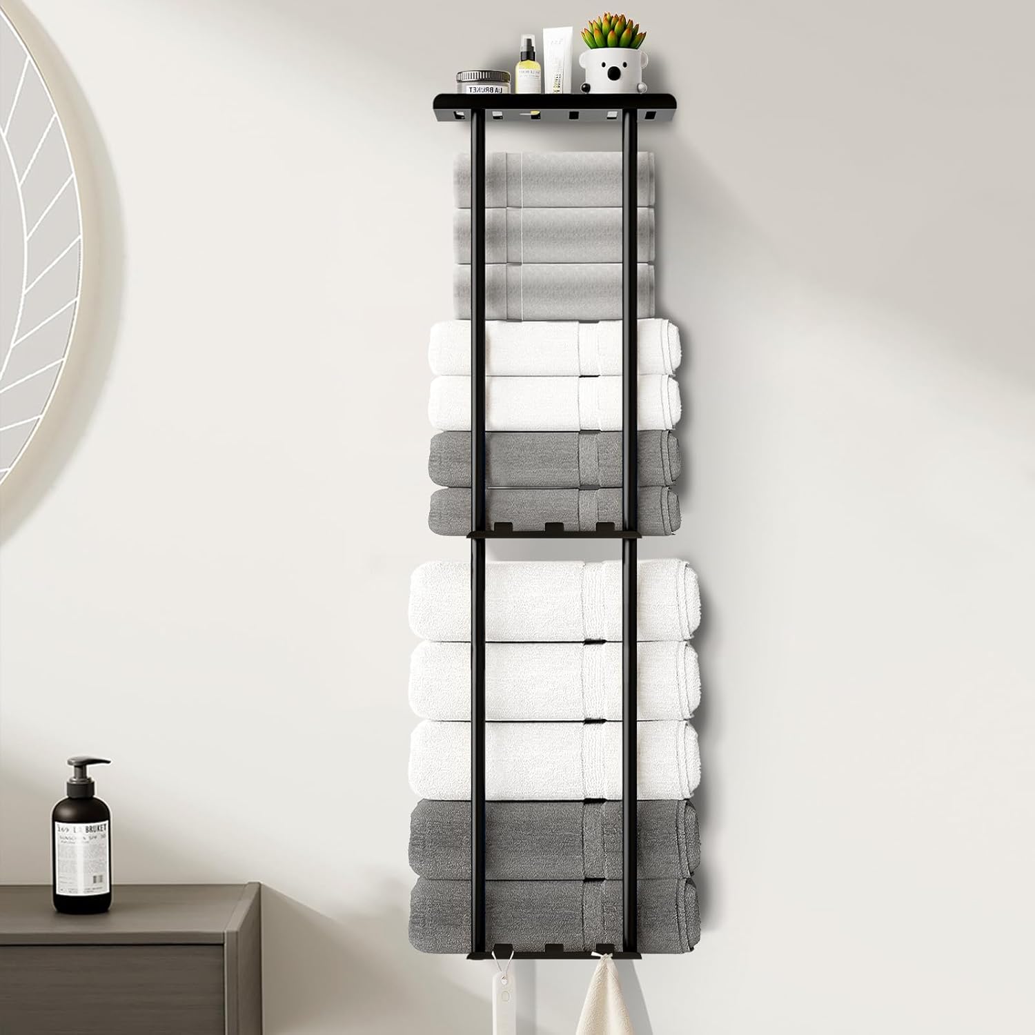 Towel Racks for Bathroom, 36.6 inch Metal Towel Storage, 8 Large Bath Towels Capacity, 3-Tier Towel Holder for Bathroom, with Shelf & 6 Hooks, Wall Mounted Towel Rack for Rolled Towels, Black