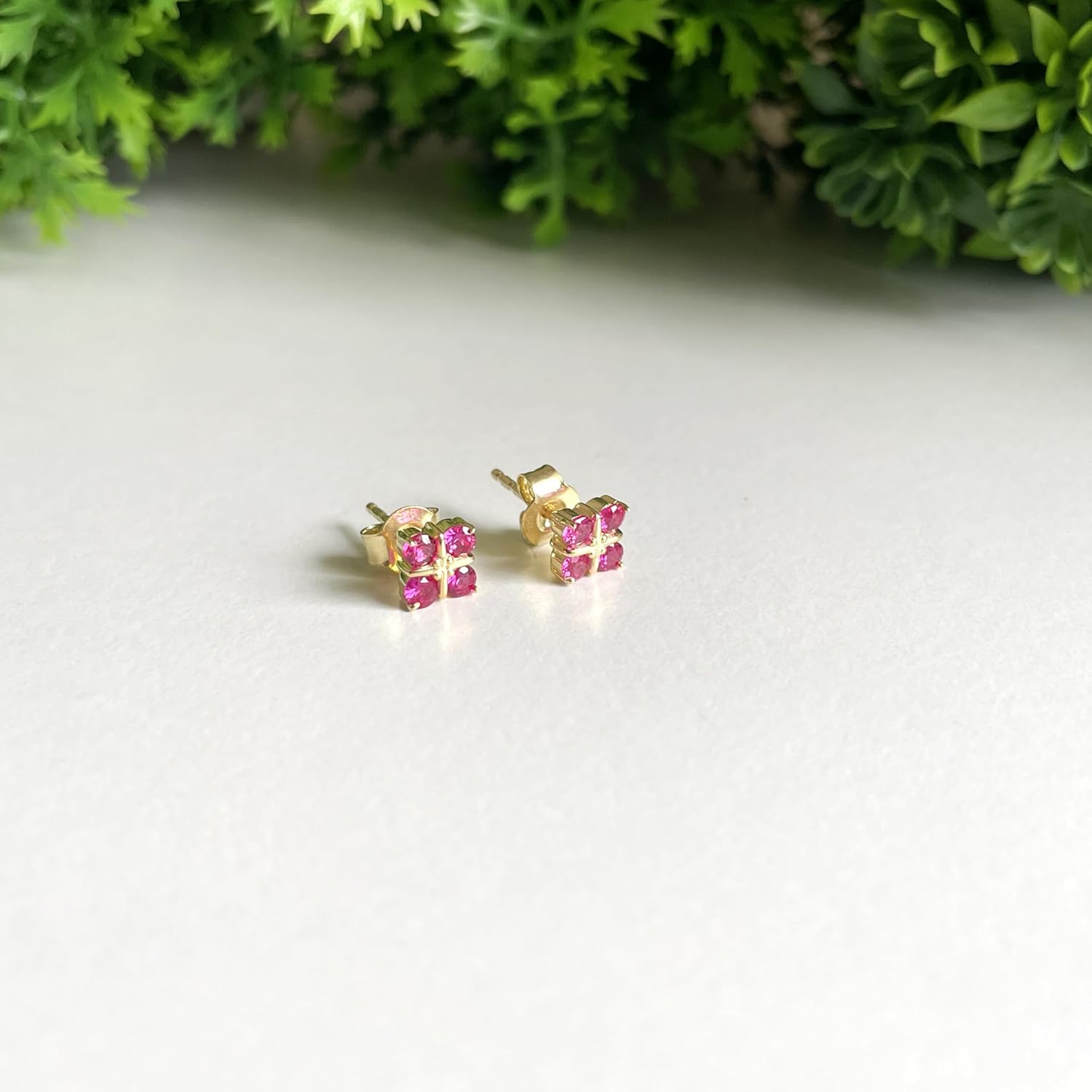 Round Cut Red Ruby 4-Stone Clover Stud Earrings For Women, 14K Gold Plated Silver Ruby Floral Earrings For Ladies