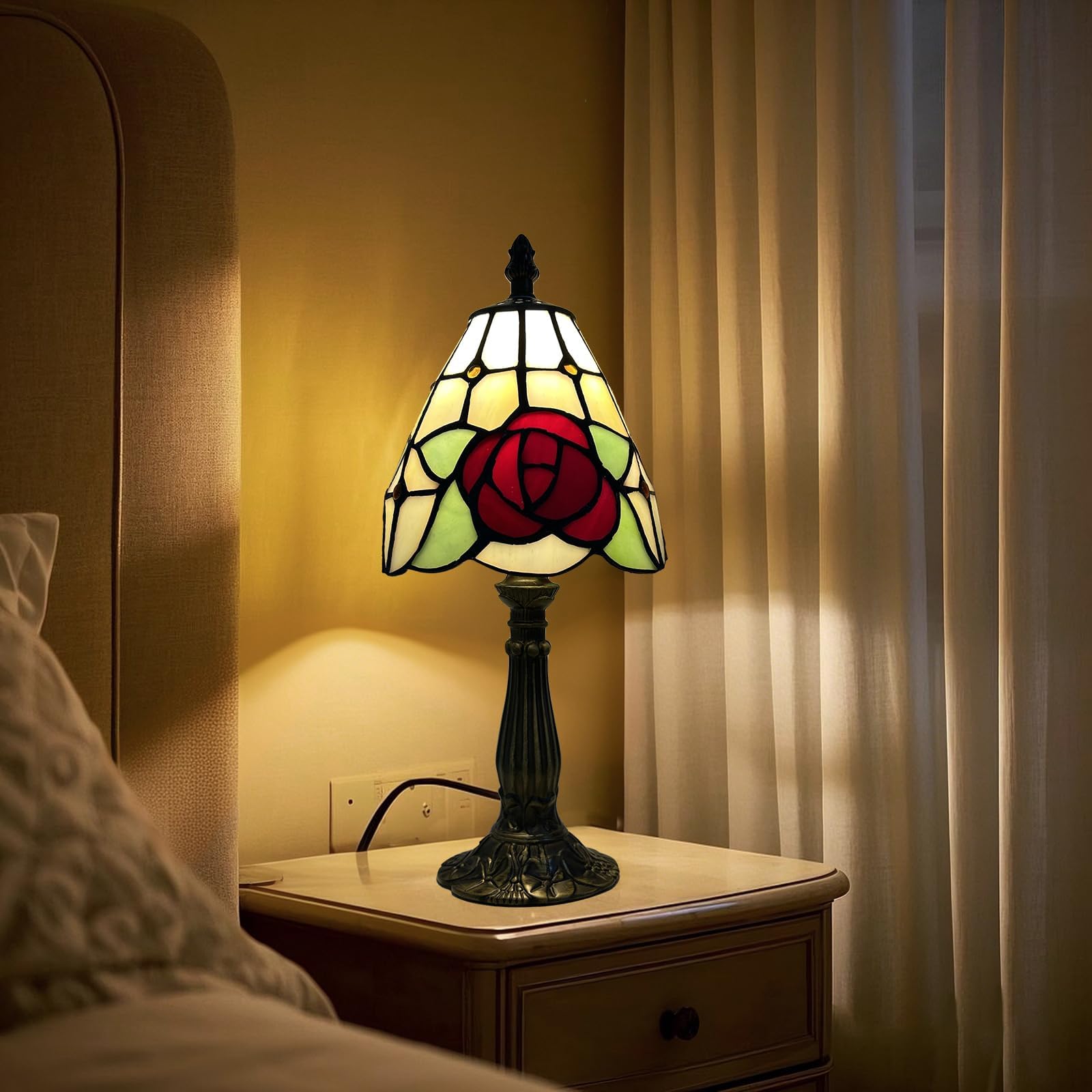 Plynvexa Stained Glass Lamp Vintage Red Rose Handmade 6" Small Tiffany Table Lamp for Bedroom Living Room Wedding Decor Desk Lamp Retro Art Deco Accent Light Fixture — image 1