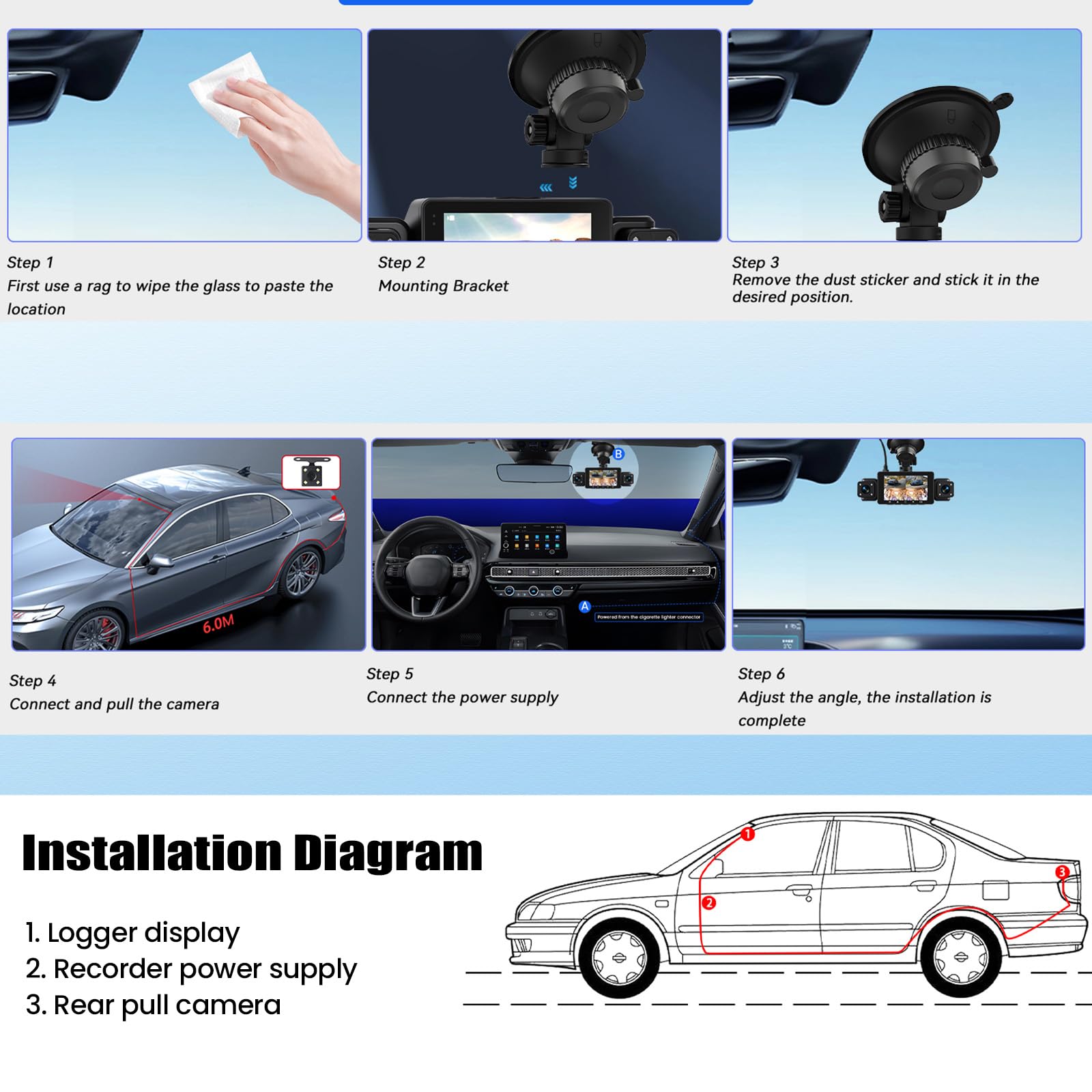 OiLiehu 4 Canales Cámara para Salpicadero 3 Pulgadas para Coches, Resolución 1080P + 480P, Cuatro Lentes con G-Sensor, Visión Nocturna, Grabación en Bucle, Asistencia Aparcamiento, Wi-Fi Aplicación