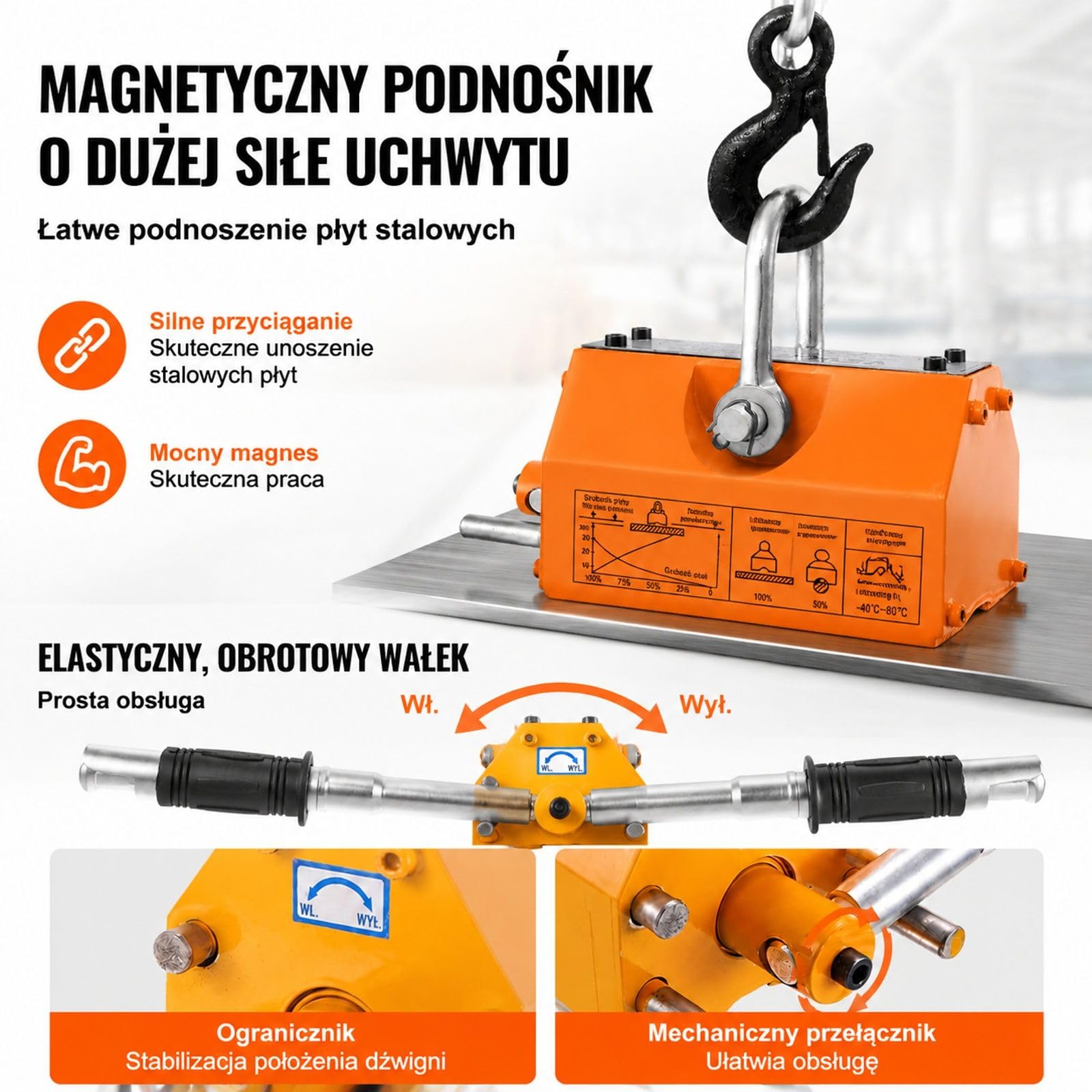 Magnes trwały 300 kg, żółty neodymowy podnośnik dźwigowy z hakiem i rowkiem U do blachy stalowej oraz okrągłych prętów