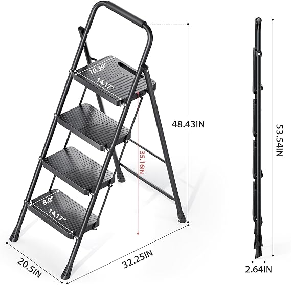 KINGRACK 4 Step Ladder, Folding Step Stool with Safe-Lock Design, 500 lbs Sturdy Steel Ladder with Wide Anti-Slip Pedal, Convenient Handrail for Household and Kitchen, Black