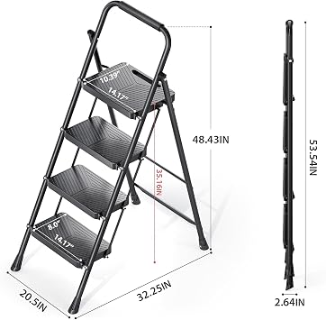 KINGRACK 4 Step Ladder, Folding Step Stool with Safe-Lock Design, 500 lbs Sturdy Steel Ladder with Wide Anti-Slip Pedal, Convenient Handrail for Household and Kitchen, Black