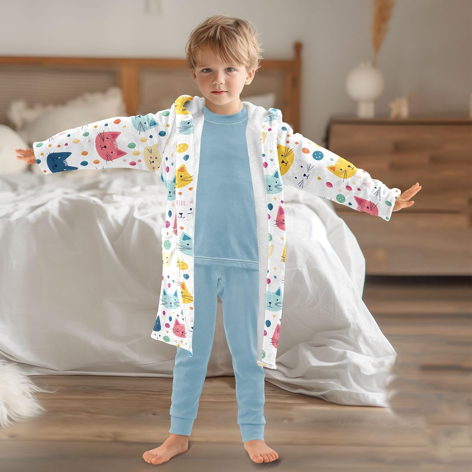 Cats Toddler Hooded Bathrobe for Boys Girls Soft Plush Bath Towel Robe 2-12 Years