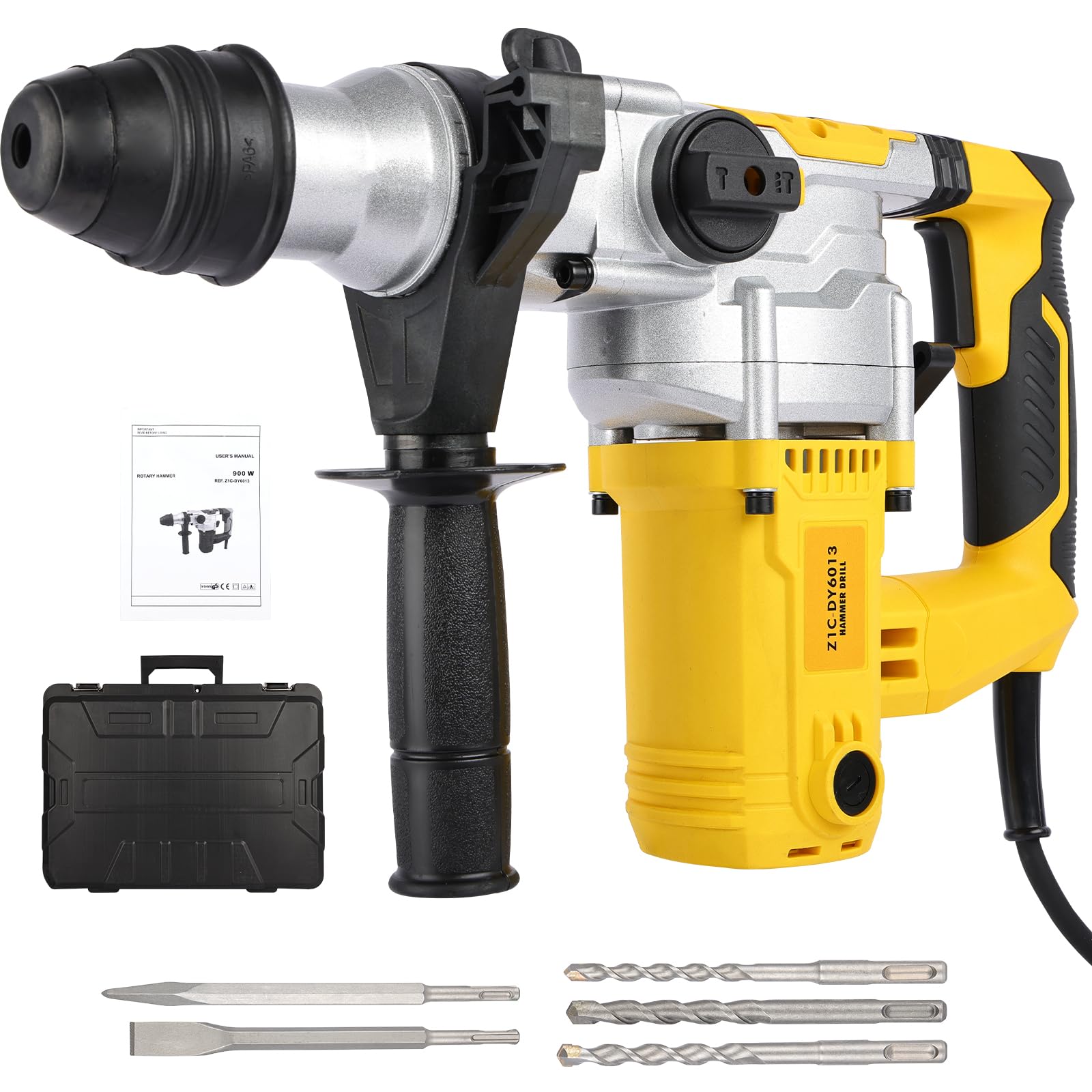 Corded Rotary Hammer Drill: 900W Heavy Duty Electric SDS Hammer Drill with Adjustable Soft Grip Handle 3 Modes, Adjustable Handle, 5 Drill Bits for Concrete Breaker Brick Wall Metal (Yellow)