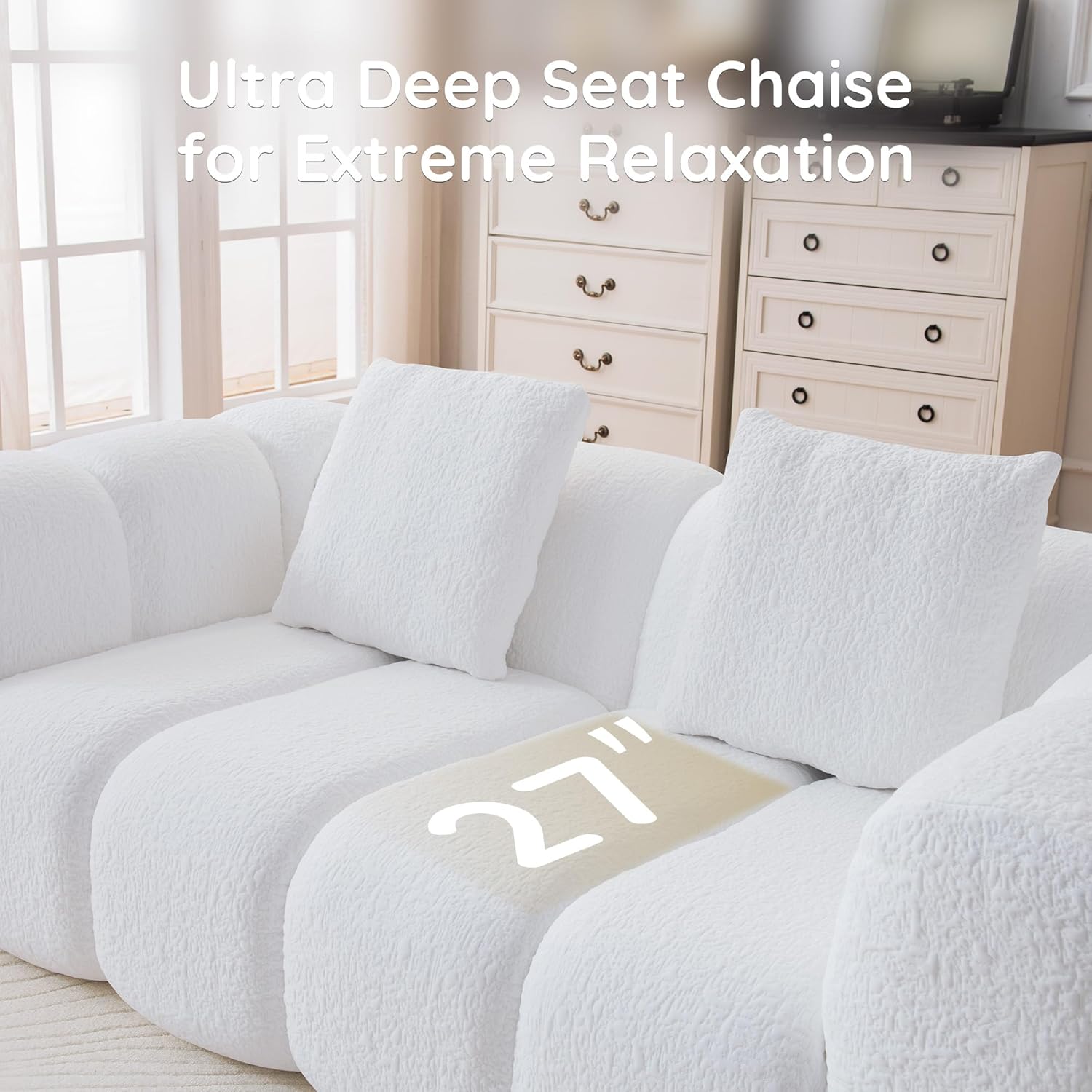 Loveseat Sofa, Comfy Deep Seat Boneless Couch with 2 Pillows, Modern Cloud Couch, Upholstered 3-Seater Boucle Couches for Living Room, Bedroom, Apartment(White)