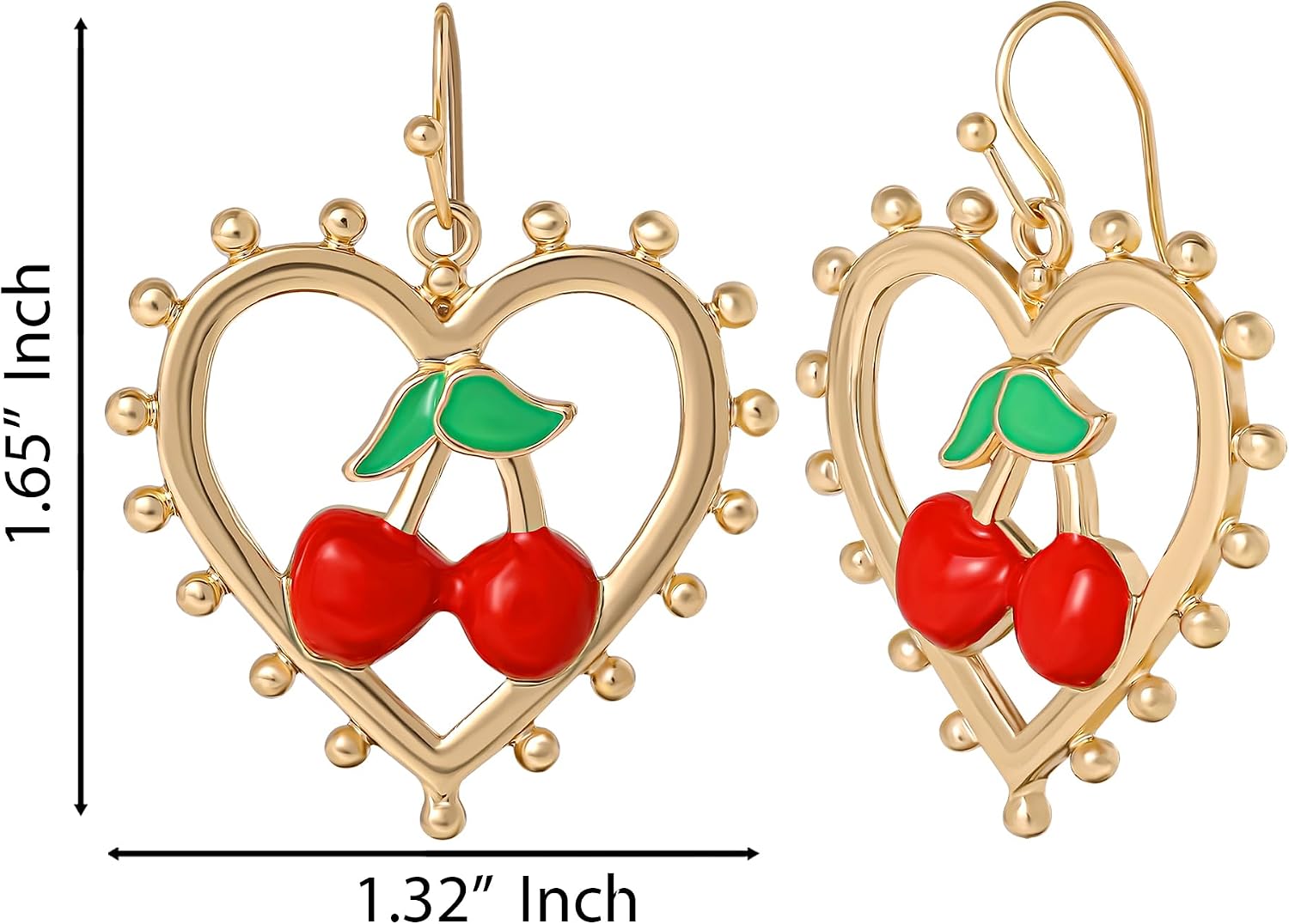 Juicy Couture Cherry Earrings for Women Gold-Tone, Spiked Heart Dangle Earrings with Enamel Cherry
