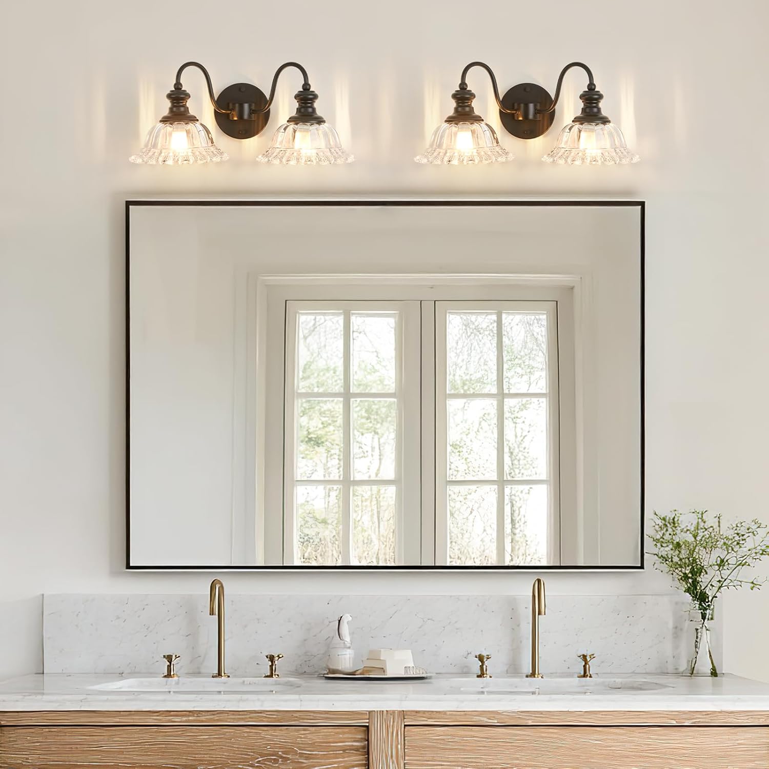 Vintage Bathroom Vanity Light Fixture,2 Lights Black Bathroom Light with Floral Transparent Glass Shades,Antique Wall Sconces for Living Room,Bedroom,Dining Room,Dressing Table,Over Mirror