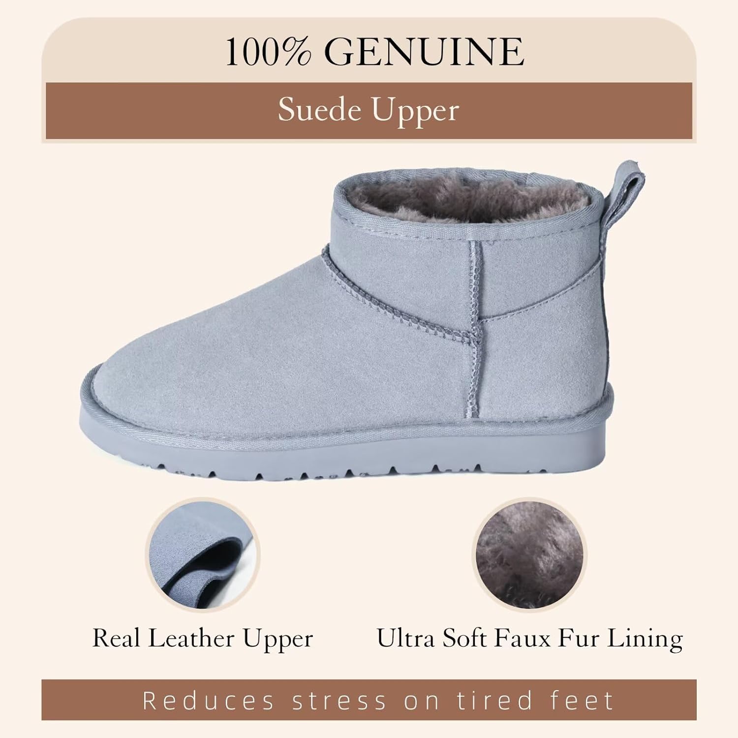OOW 100% Genuine Suede Ankle Low Boots for Women Short Winter Snow Boot with Cozy Fur Lined