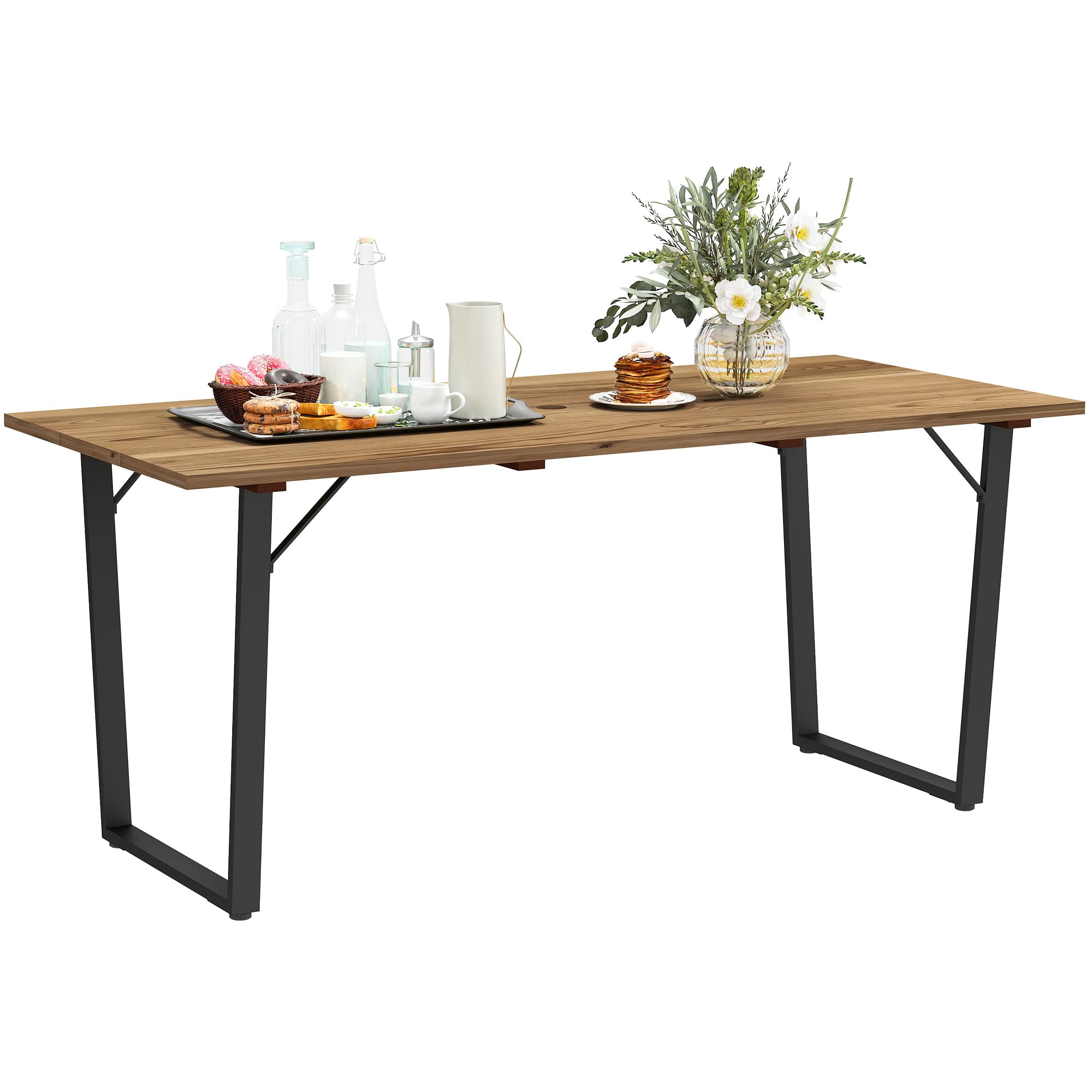 Outsunny Rectangular Wooden Garden Dining Table Outdoor Terrace Table 175 x 80 x 75 cm with Hole for Parasol Steel Structure and Slatted Top for Patio Balcony Natural