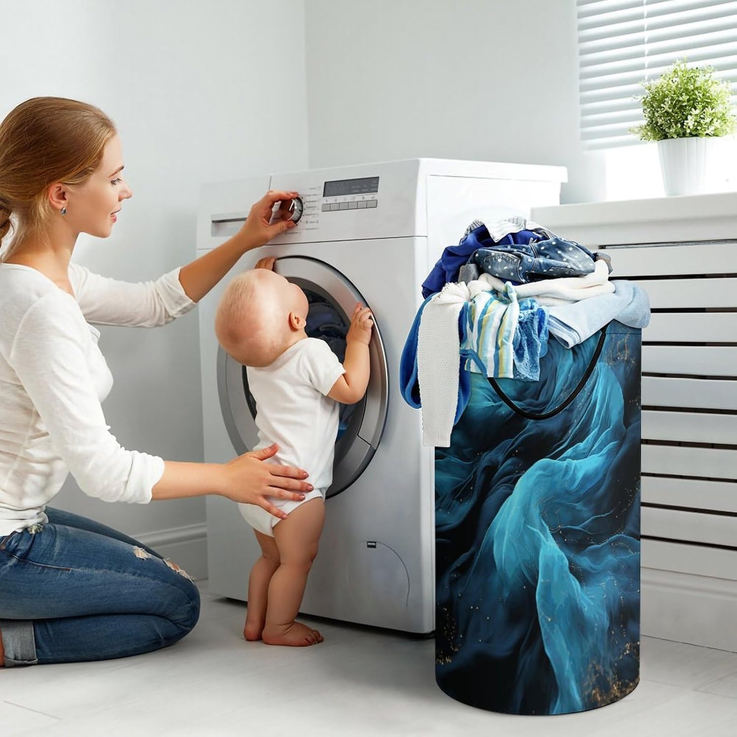 Large Laundry Hamper with Handles Blue Fabric Laundry Basket Freestanding Waterproof Clothes Hamper for Living Room Bedroom Bathroom College Dorm