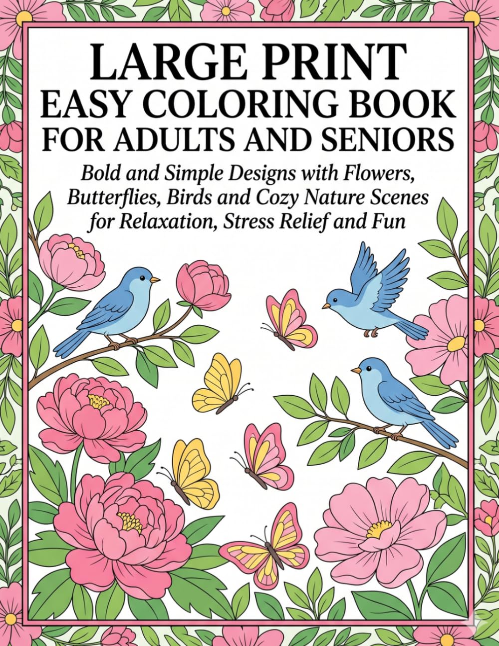 Large Print Easy Coloring Book for Adults and Seniors: Bold and Simple Designs with Flowers, Butterflies, Birds and Cozy Nature Scenes for Relaxation, Stress Relief and Fun