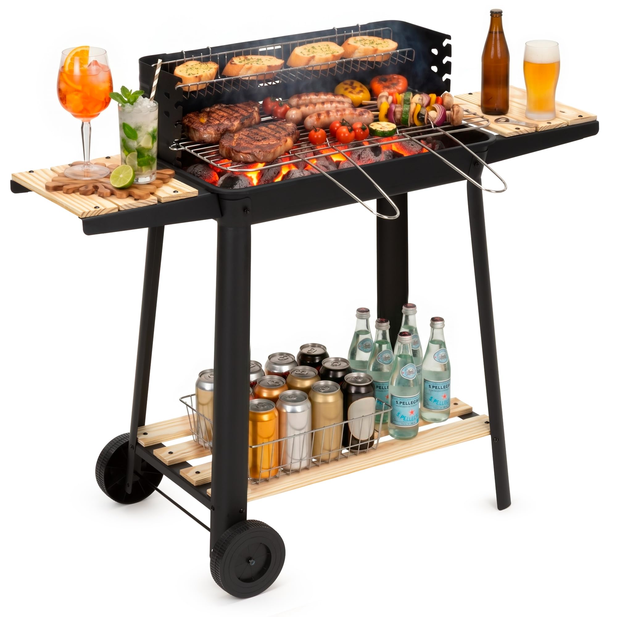 Grill na węgiel drzewny, na kółkach z obrotowym rożnem, ruszt do grillowania z regulacją wysokości, mobilny grill BBQ z rolkami, z półkami bocznymi, ruszt do podgrzewania, grill ogrodowy, na taras