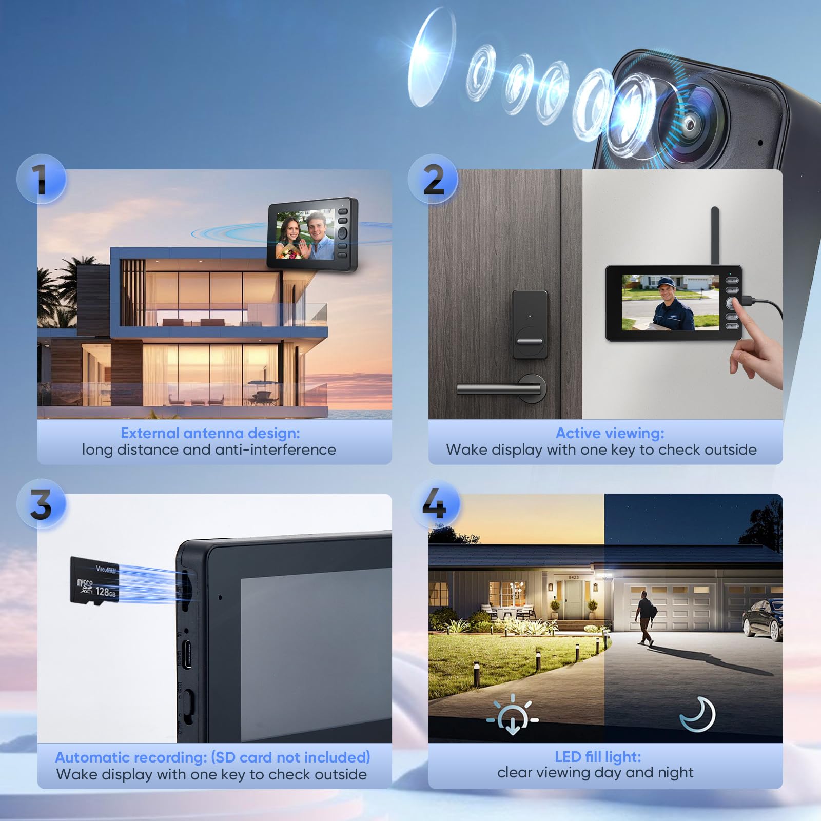 Sonnette sans Fil avec Caméra, Etanche Sonnette Vidéo sans Fil, 1080P HD IPS 4.3", Audio Bidirectionnel, Infrarouge Vision Nocturne, Résistant aux intempéries, Angle de Vision 170°, 2.4G WLAN