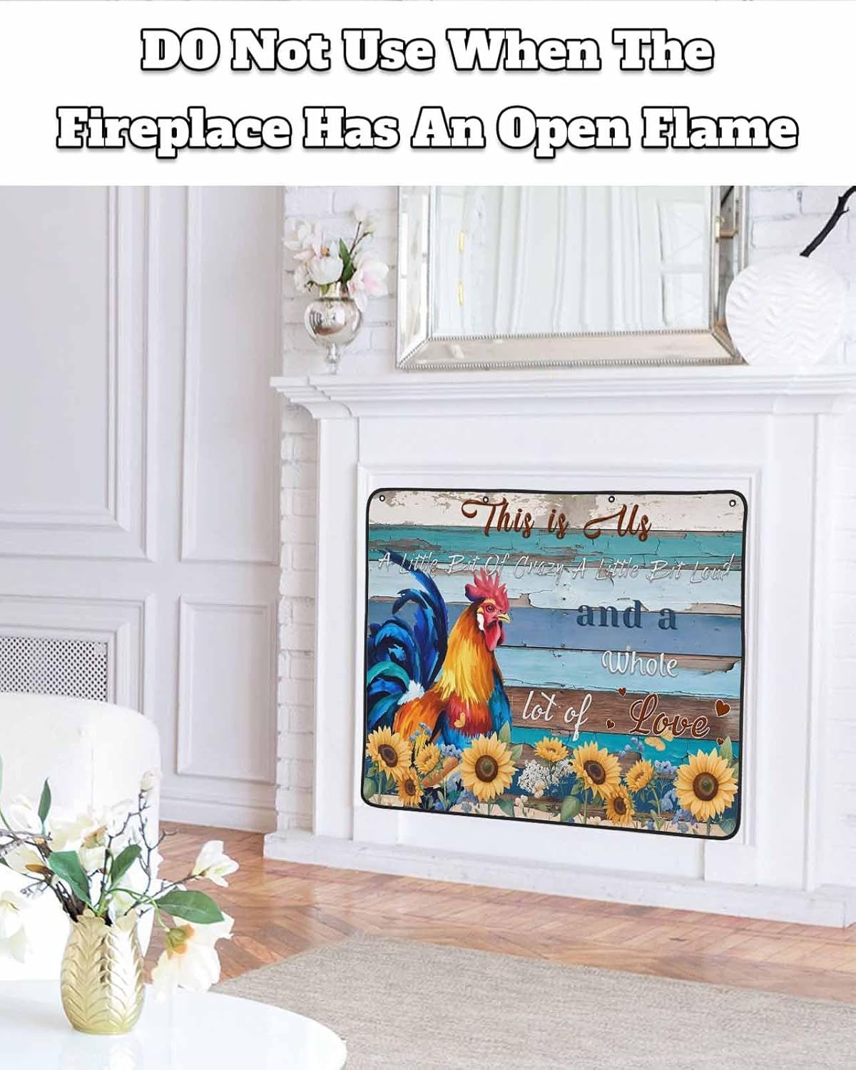 Magnetic Fireplace Cover Farm Rooster Sunflower Fireplace Screen Decorative Blue Wood Grain Chicken Animal Insulation Fireplaces Save Energy Fireplaces Draft Stopper Covers for Living Room 39x32