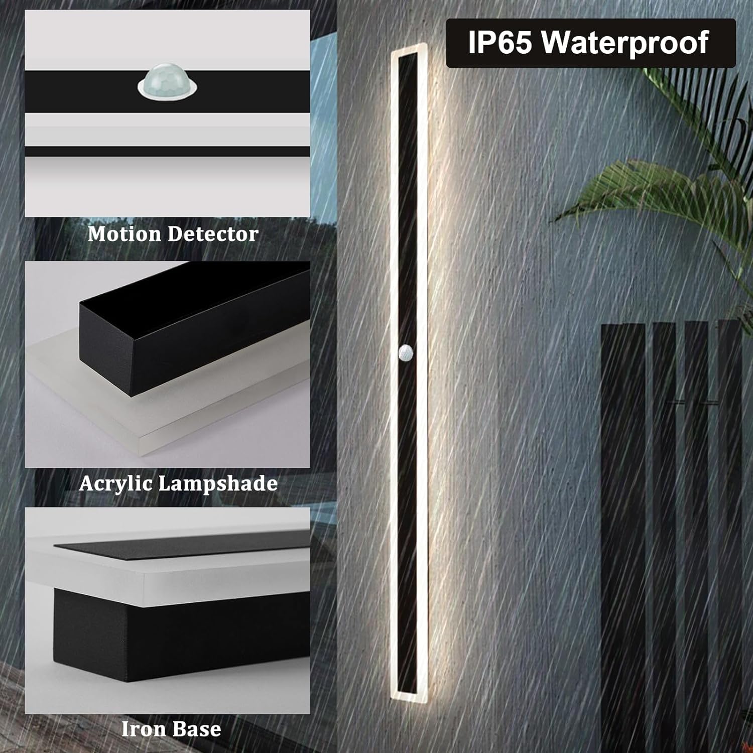 Esterno Lampada da Parete con Sensore di Movimento Villa Lungo Applique da Parete per Luci Esterni/Interni IP65 Impermeabile 4500K Bianco Naturale Alluminio Luce Nero per Garage (80cm)