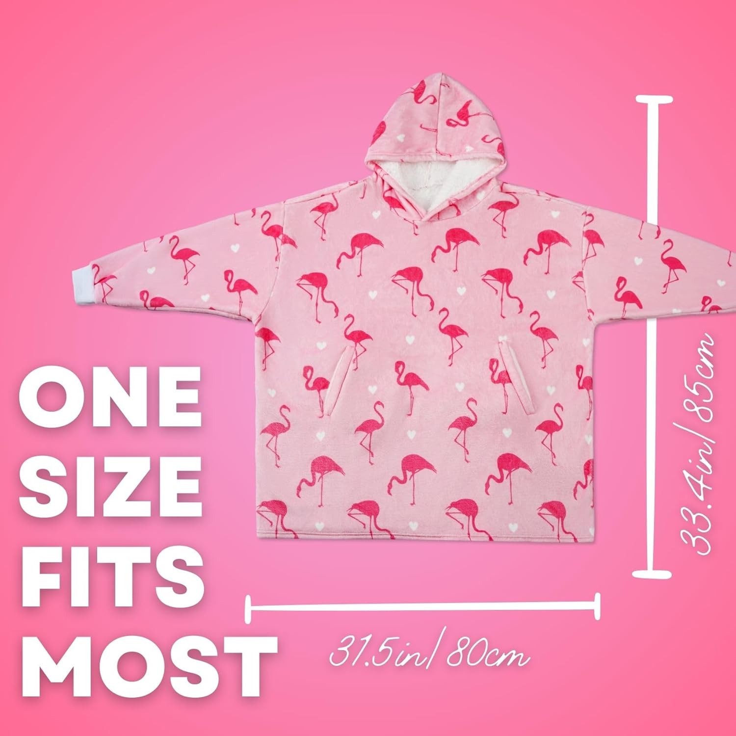 Flamingo Gifts, Flamingo Wearable Flannel Blanket Hoodie, Oversized Flannel Hooded Blanket Sweatshirt, One Size Pink
