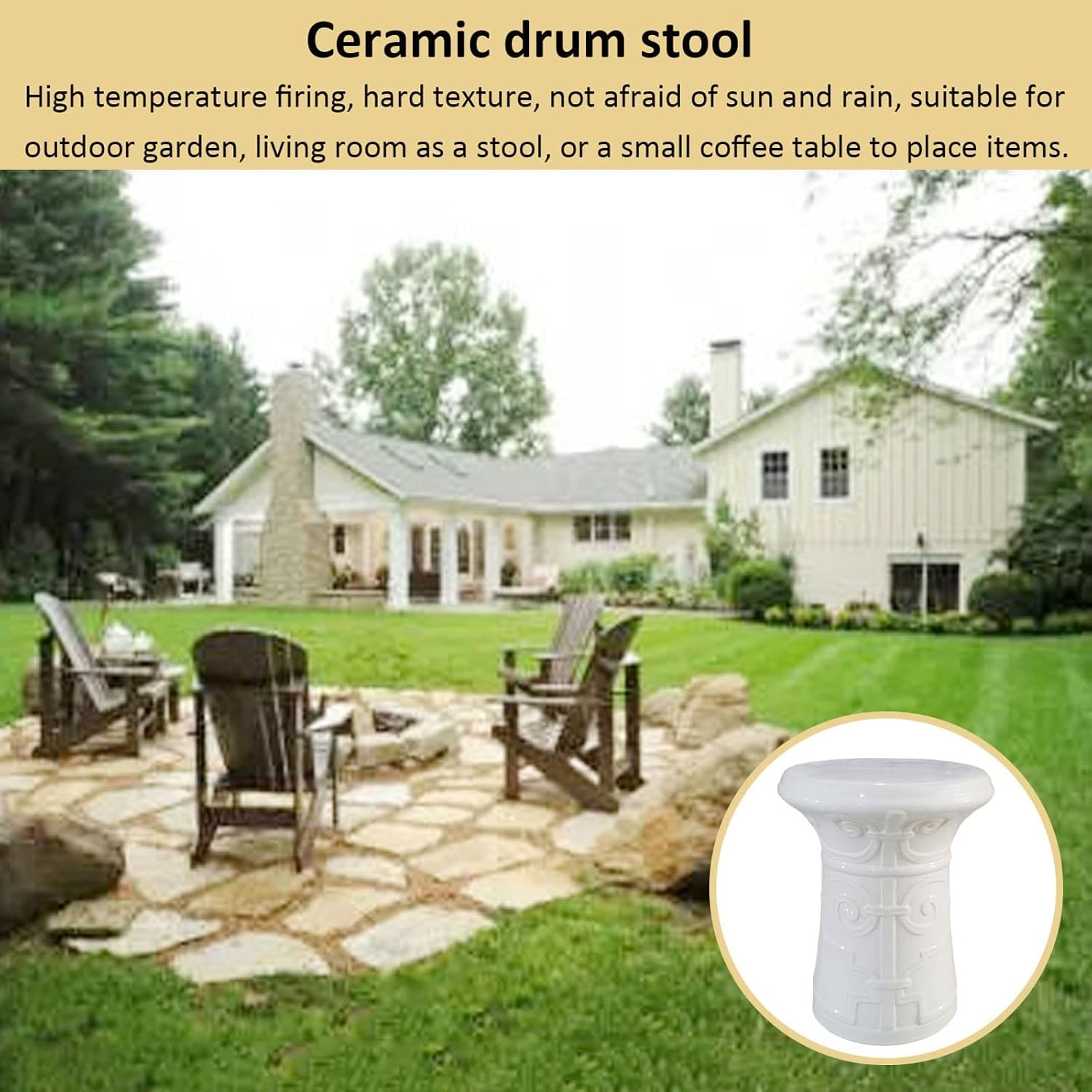 Drum Stool,Garden Stool, Decorative Ceramic Garden Stool, White Glazed Side Stool for Changing Shoes, Suitable for Outdoor Garden, Living Room, Terrace, Etc.