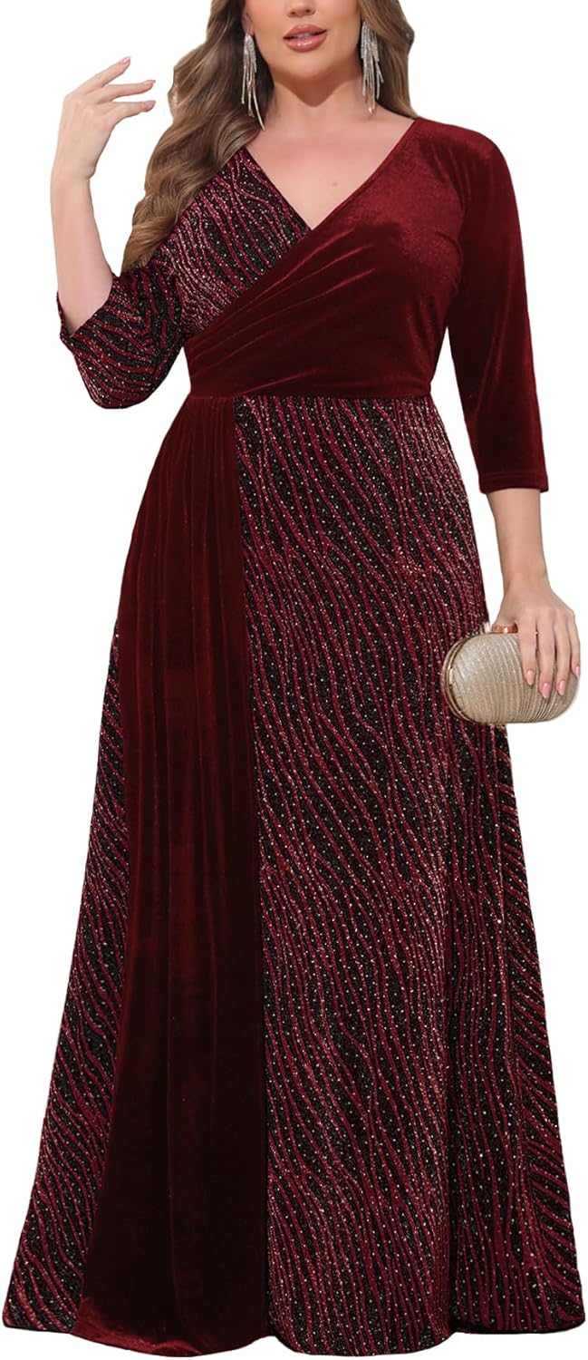 ZOMVA Plus Size Women's Velvet Splice Sparkly Maxi Dress 3/4 Sleeve V-Neck Wrap A-line Dresses Formal Evening Cocktail