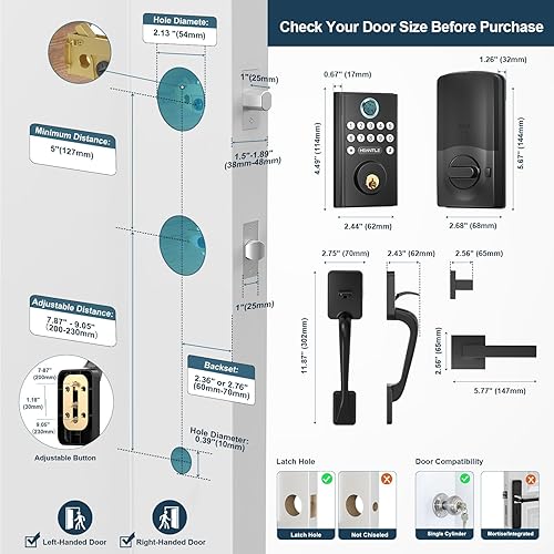 Miniatura 5 de Cerradura de puerta delantera WiFi con asa HEANTLE - Juego de cerrojo inteligente sin llave con teclado, cerradura de huellas dactilares, manija,