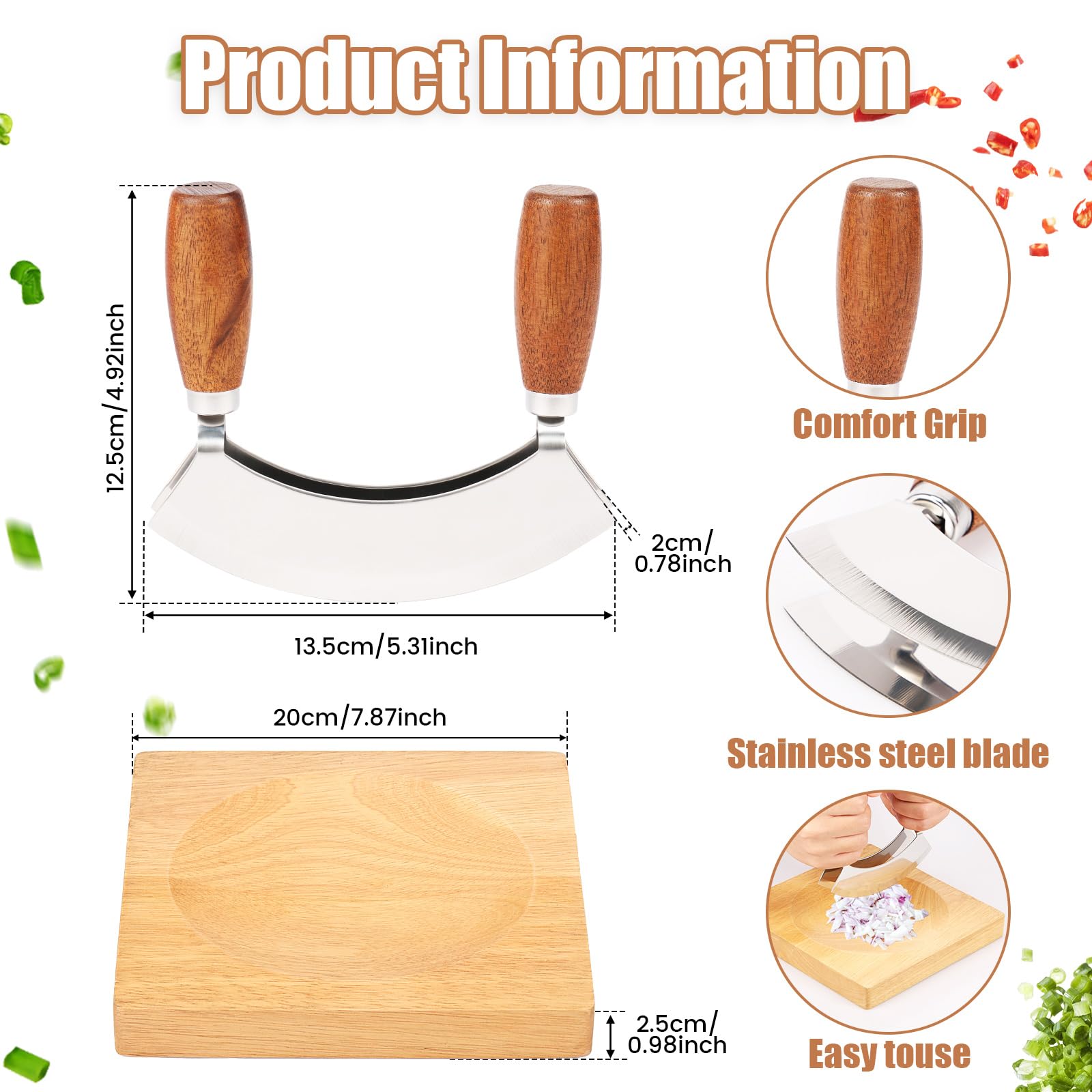 Bigjvbfv Mezzaluna Knife with Square Cutting Board - Mincing Rocker Chopping Curved Blade Wooden Handle Knife