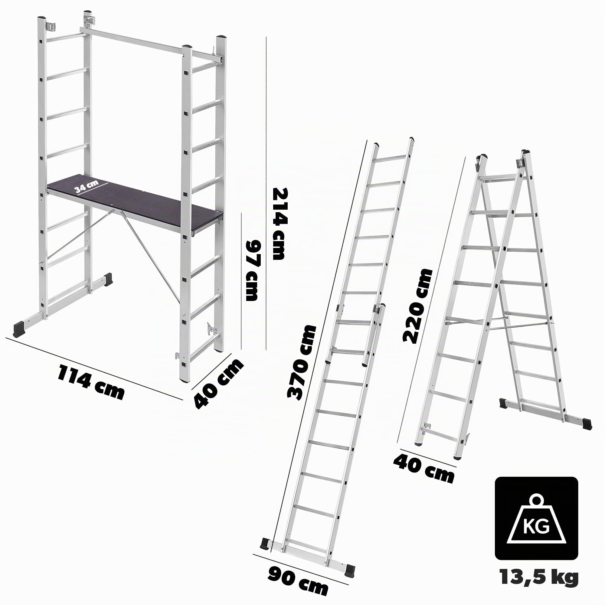 KADAX Echafaudage Aluminium 16 marches | 114x214cm | Plateforme antiderapante | echelle escabeau Pliable Multifonction | jusqu'a 150kg