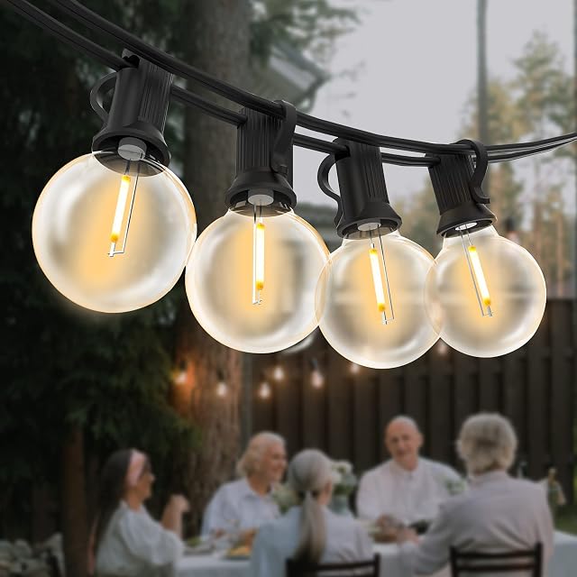 Yuusei Outdoor String Lights Mains Powered, 100Ft LED Festoon Lights with 50+2 Shatterproof Bulbs, Weatherproof Connectable G40 Globe Garden String Light 2700K for Patio, Wedding, Party, Terrace
