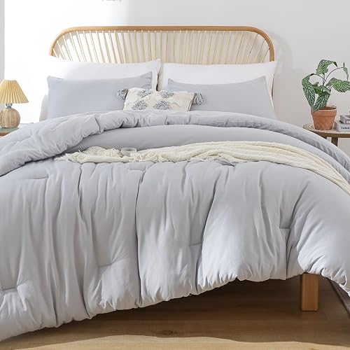 ROSGONIA Queen Comforter Set, Light Grey, 3 Pieces Soft Bedding