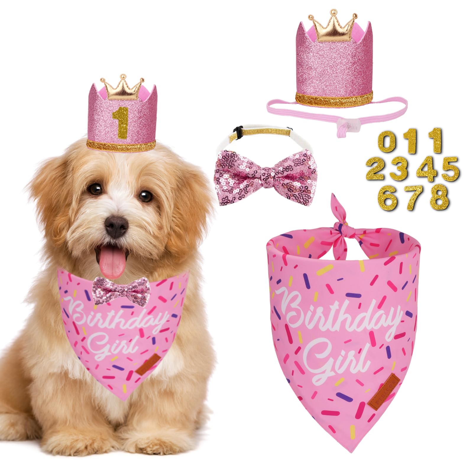 PTDECOR Dog Birthday Party Supplies, Multi Size Birthday Girl Bandana, Pink Crowns Hat Set for Small Pets (Small)