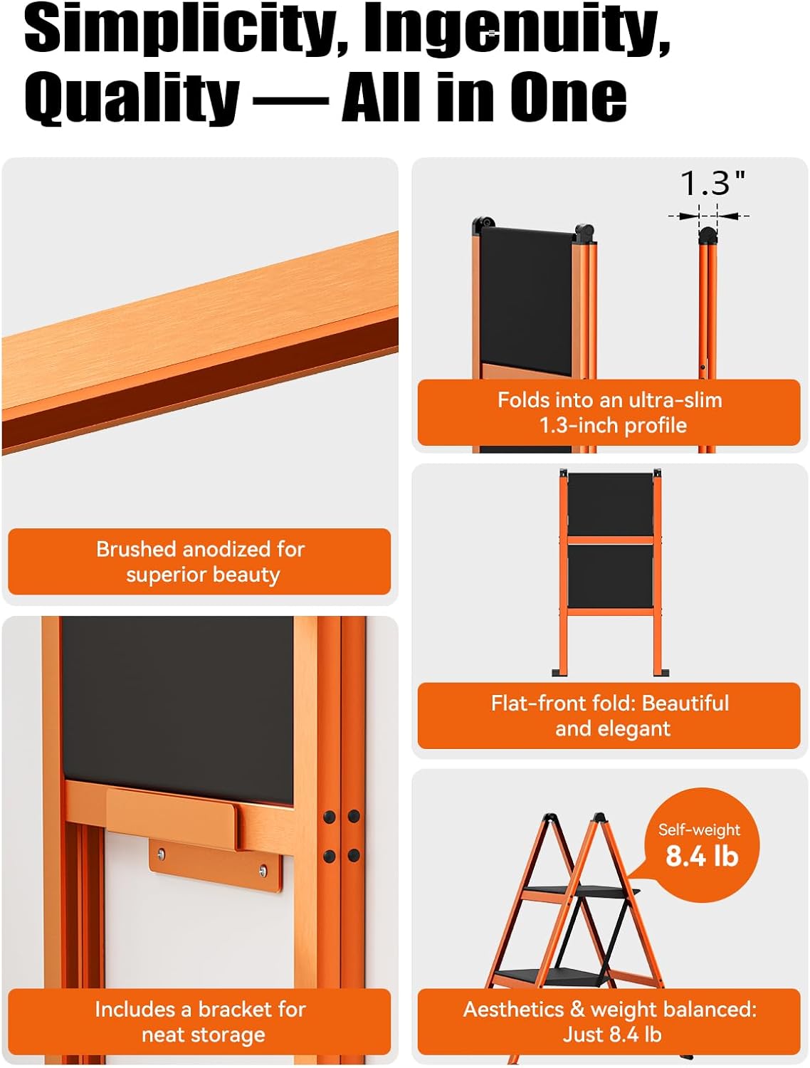 2 Step Ladder,Aluminum Ultra Thin Folding Step Stool,400 Lbs Capacity Heavy Duty with Anti-Slip Sturdy and Wide Tread,Closet Slim Step for Home,Kitchen and Office,Space Saving (Orange, 2-Step)