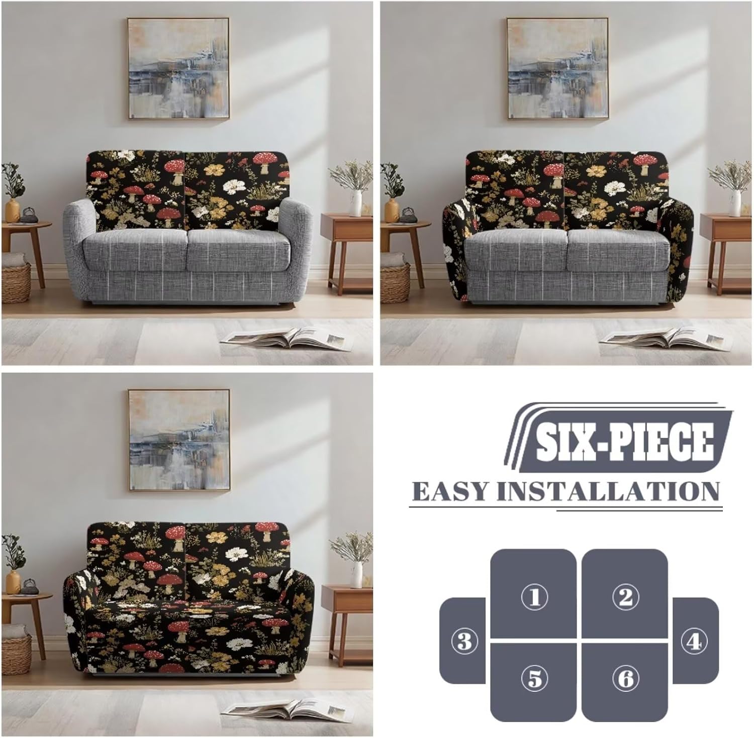 Mushroom Floral Print Loveseat Covers 6-Piece Reclining Loveseat Slipcover Stretch Love Seat Couch Covers with Pockets Furniture Protector for 2 Cushion Couch