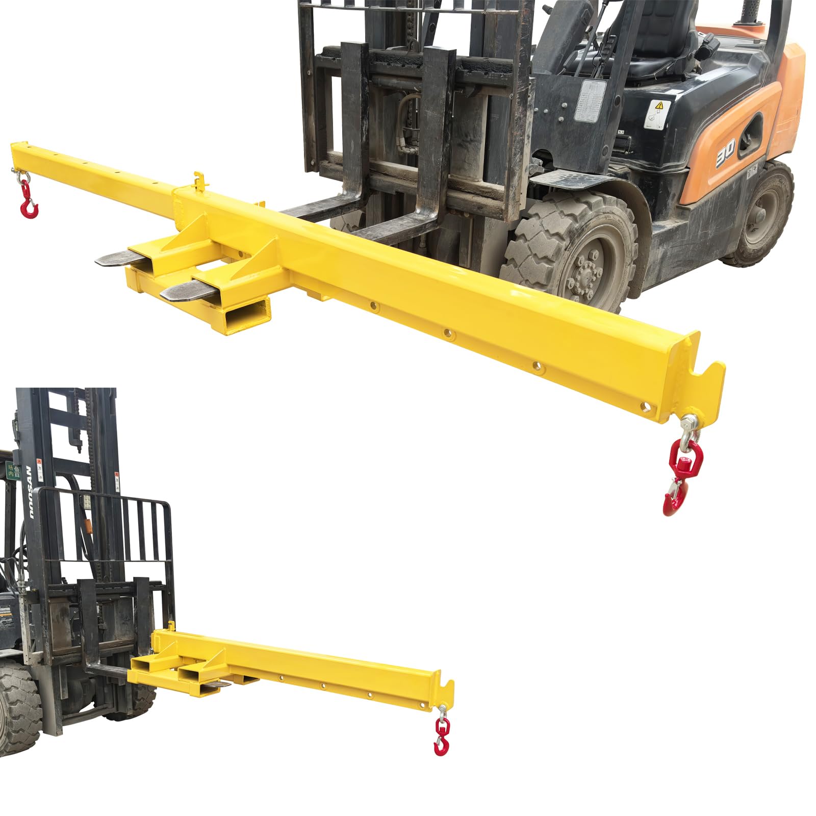 EQCOTWEA 3T/6600LBS Telescopic Forklift Jib Boom 12.1ft Adjustable Mobile Crane Arm for Transverse & Longitudinal Bidirectional Lifting Double Fork