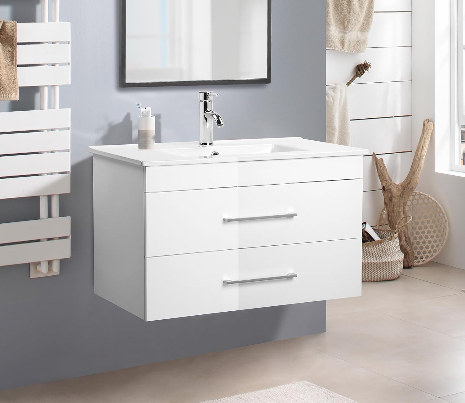 Henf 24 Inch Bathroom Vanity with Sink,White Gloss Wall-Mounted Bathroom Vanity with 2 Drawers,Soft-Close System,Floating Bathroom Vanity with Ceramic Sink Combo,Single Bath Storage Vanity Sink