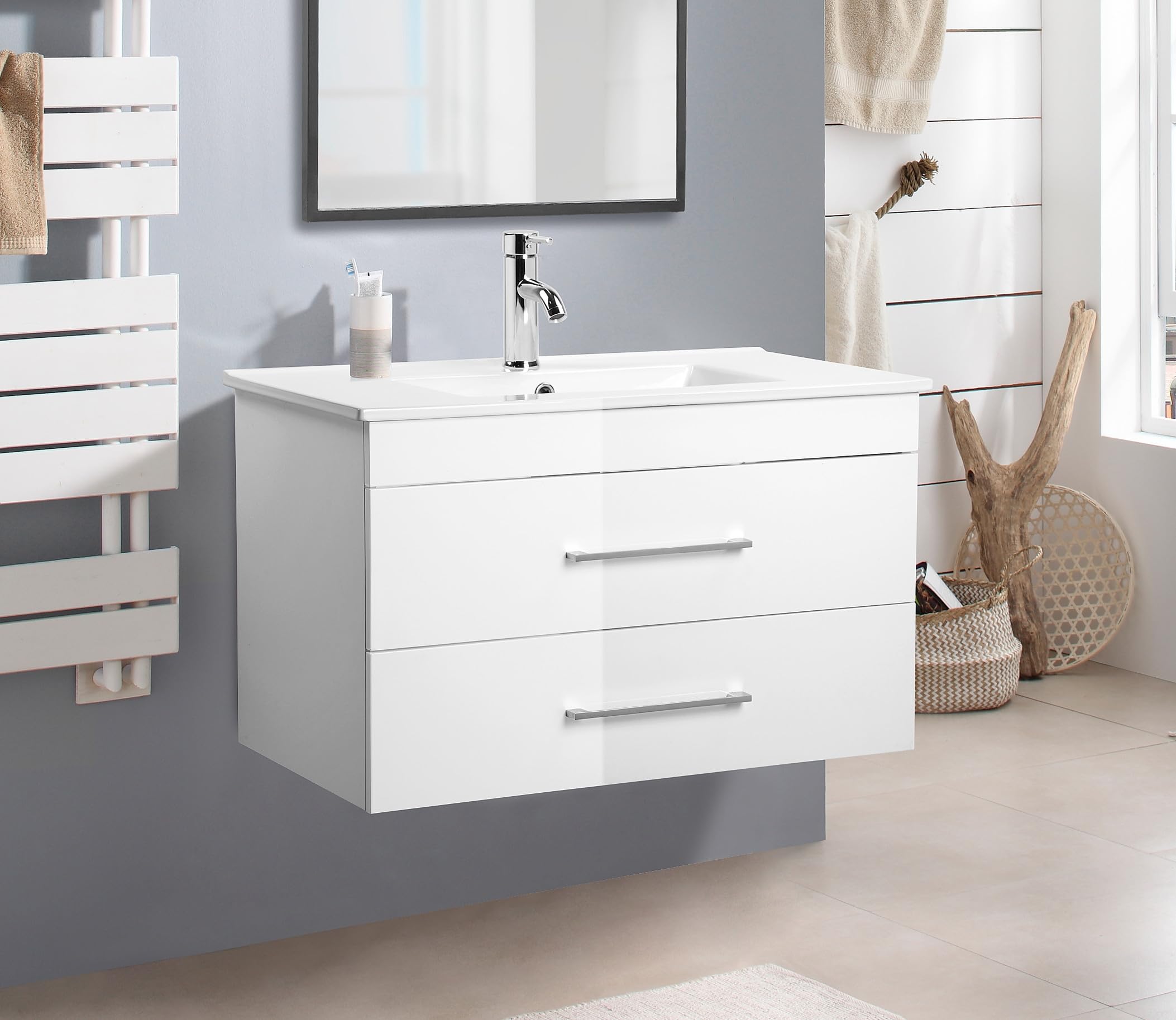 Henf 24 Inch Bathroom Vanity with Sink,White Gloss Wall-Mounted Bathroom Vanity with 2 Drawers,Soft-Close System,Floating Bathroom Vanity with Ceramic
