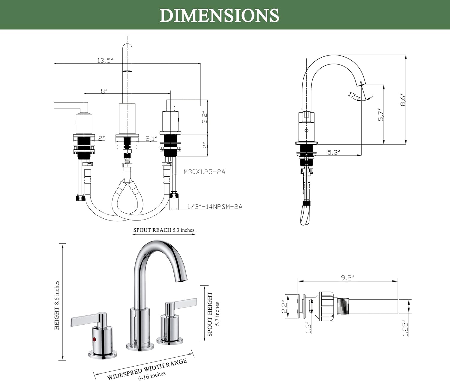 Chrome 2 Handle Widespread Bathroom Sink Faucet 3 Holes with Pop-Up Drain, High Arc Modern 8 Inch Bathroom Vanity Lavatory Faucet with Brass 360° Swivel Spout, TAF830C-CP - Image 6