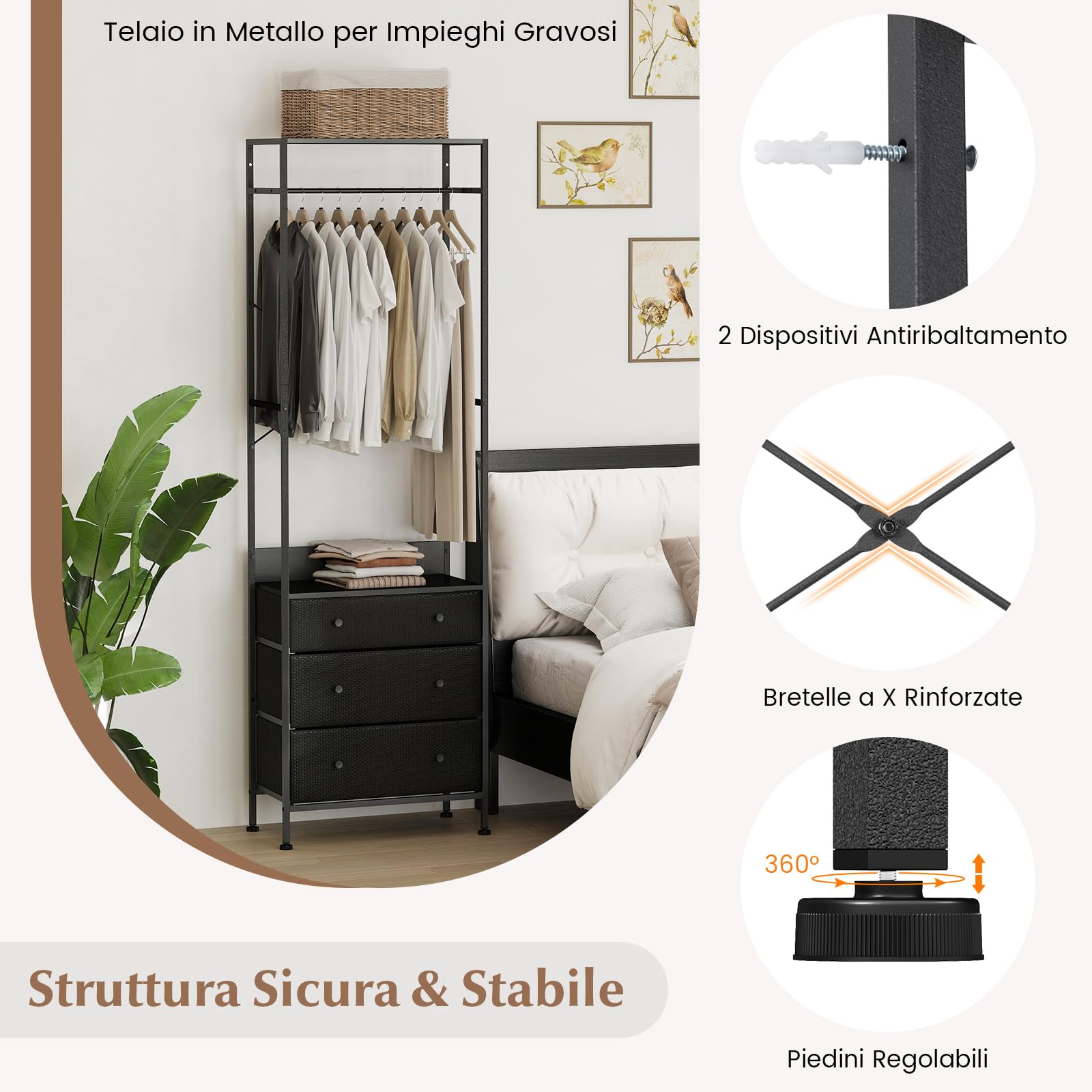 COSTWAY Appendiabiti con Cassetti in Tessuto, Armadio Autoportante con Asta Appendiabiti a 3 Posizioni e Ripiani di Stoccaggio, Ideale per Ingresso Camera da Letto, 55x28x176 cm (Nero)