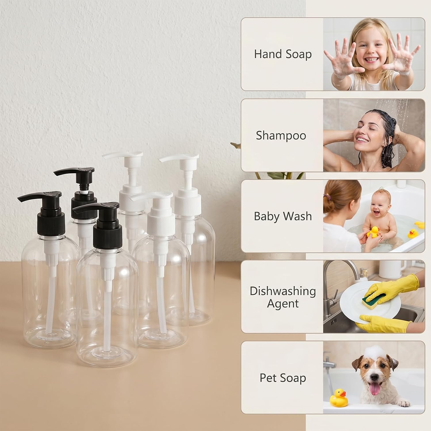 24 Pack 8 oz Clear Empty Lotion Bottles, Plastic Pump Bottle with Black and White Pumps, Refillable Travel Lotion Container, Clear Round Hand Soap Bottles for Body Wash, Creams, Shampoo, Conditioner