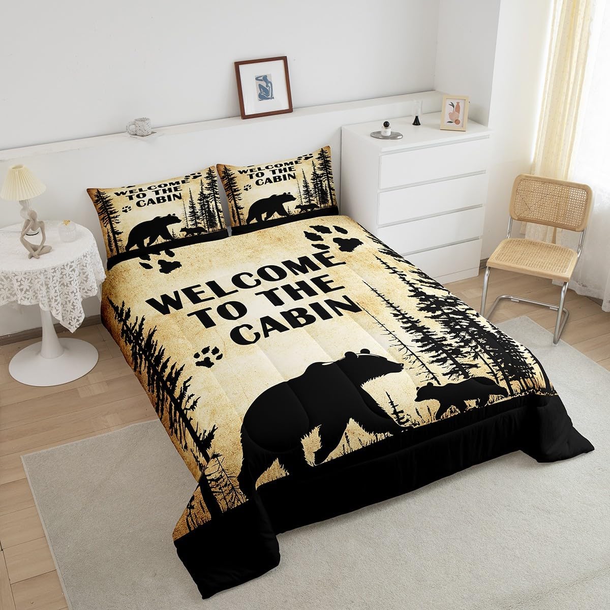 Feelyou Kids Adult Rustic Cabin Comforter Set,Wildlife Hunting Animal Bear Bedding Set Queen Size,Black Bear Comforter,Country Lodge Farmhouse Bed Set for Animal Room Decor