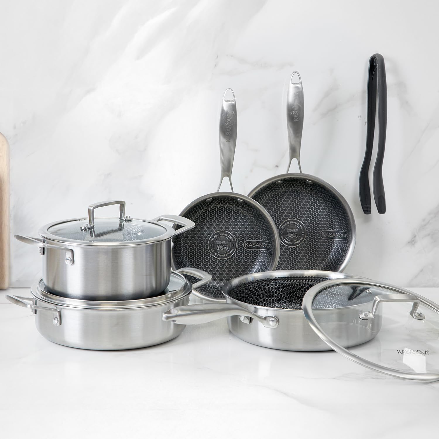KASANOVA Tri-Ply Batería de Ollas y Sartenes de Acero Inoxidable de Triple Capa – Núcleo de Aluminio, Superficie Antiadherente en Panal, Apta para Inducción y Todo Tipo de Cocinas (9)